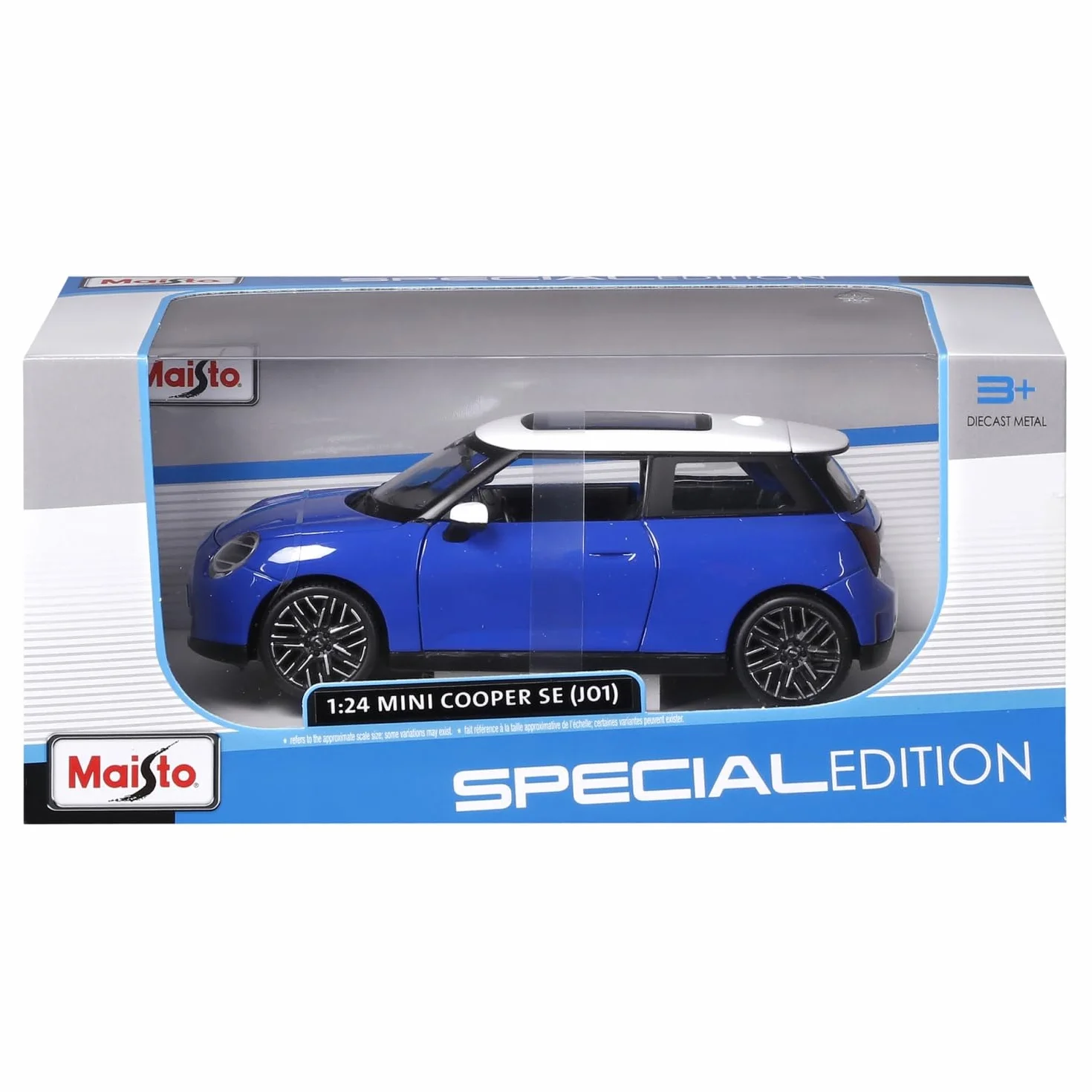 Maisto - MINI Cooper SE 2024 (J01), samochód diecast w skali 1:24, kolor niebieski, szczegółowa replika nowej wersji elektrycznej, otwierane drzwi i maska, zalecany wiek 3+ lata