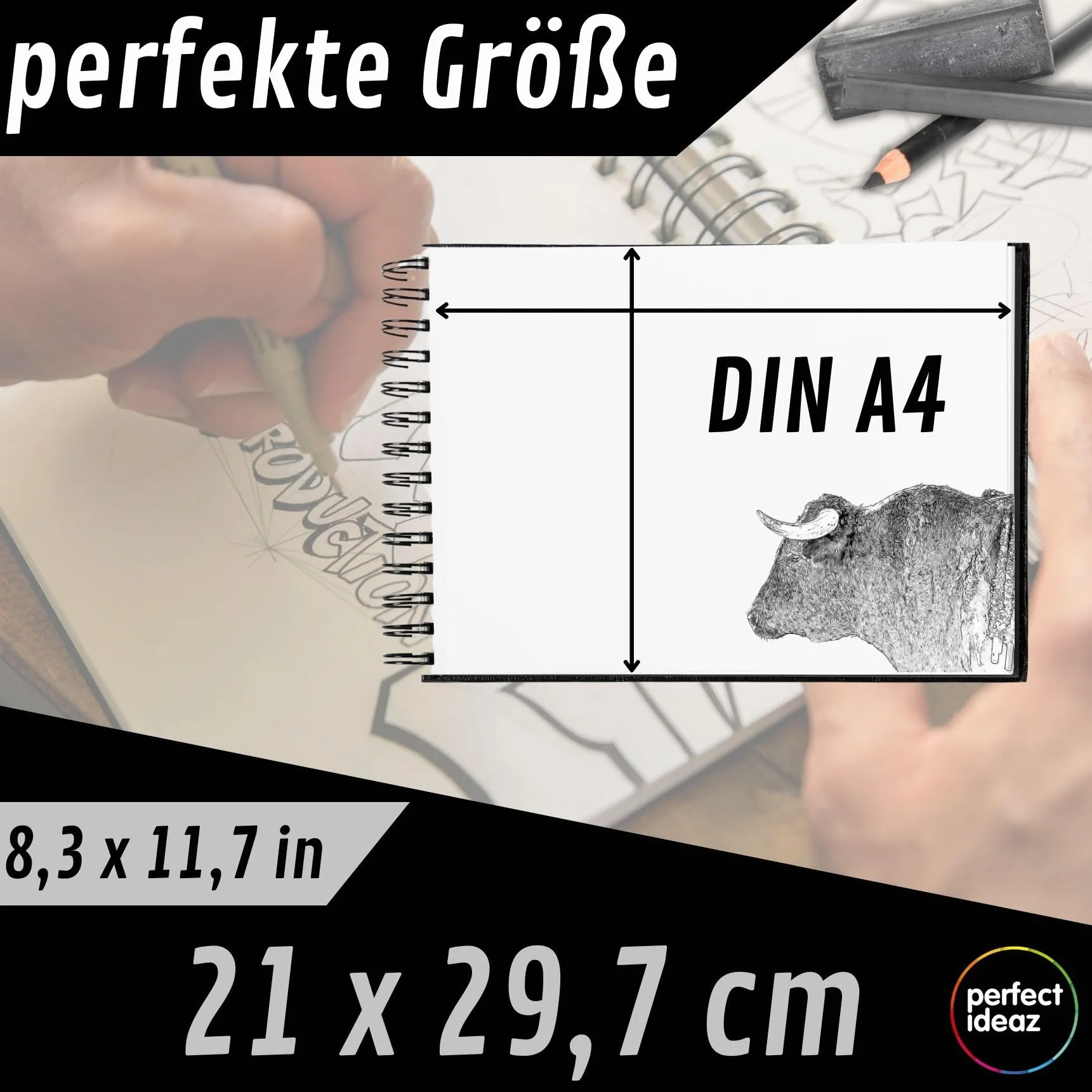 perfect ideaz - Szkicownik DIN-A4 poprzeczny, wiązanie spiralne, certyfikat FSC®, 96 stron (48 arkuszy), twarda okładka, czarny, szkicownik, gruby papier 200 g/m², bezkwasowy