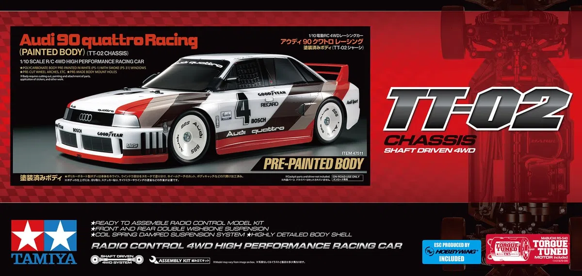 Tamiya 47511 1:10 RC Audi 90 Quattro Racing lakierowany TT-02 - zdalnie sterowany samochód, pojazd, modelarstwo, montaż, hobby, zestaw do montażu RC