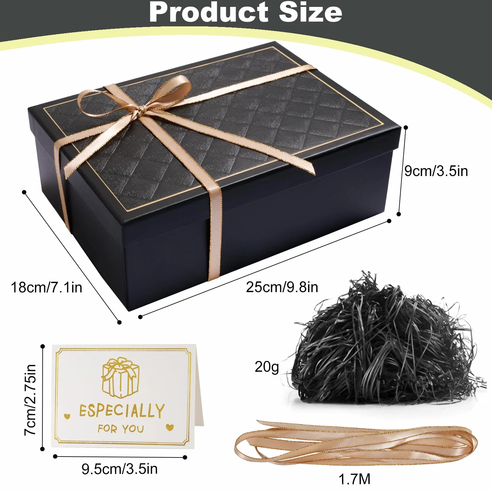 Pudełko prezentowe z pokrywką 25 x 18 x 9 cm, pudełko prezentowe z kokardkami, kartki z życzeniami, Raffia Hamper Shreds na wesele, urodziny, Boże Narodzenie (czarne)