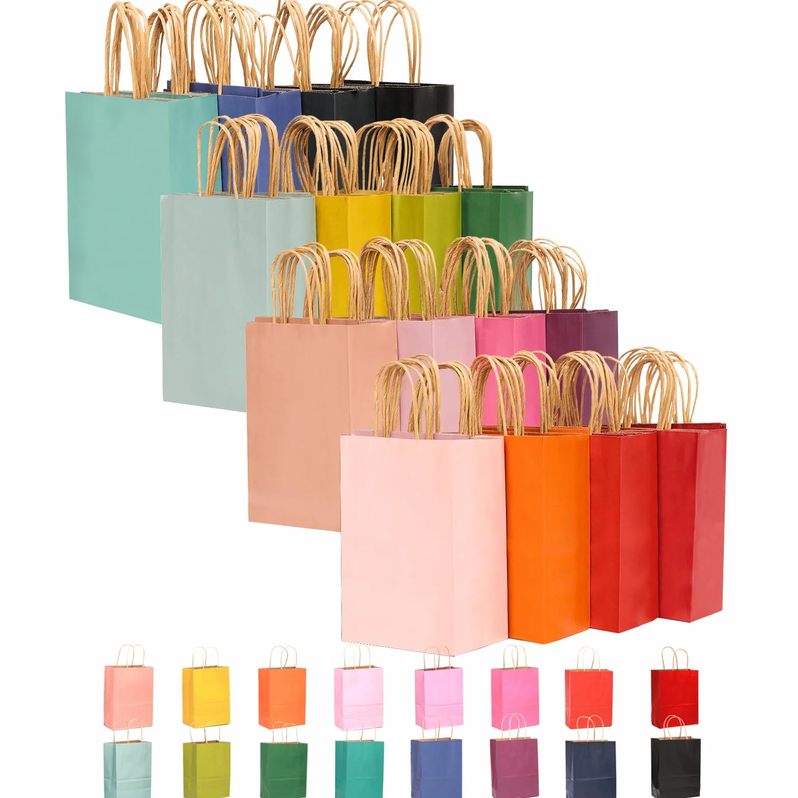 Gcardist 32 szt. torebki kraft z uchwytami 21 x 15 x 8 cm, małe torebki na prezenty, 16 różnych kolorów, wszechstronne zastosowanie (8,3 x 6 x 3,1 cala, mały rozmiar)