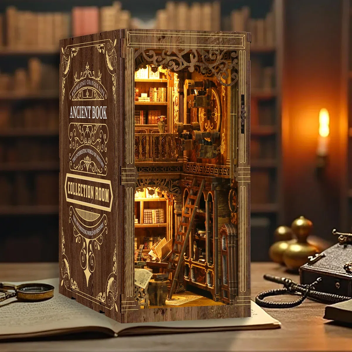 Tecnock Zestaw do samodzielnego wykonania, miniaturowy zestaw domków dla dorosłych i nastolatków, antyczna scena biblioteczna, dekoracja z przełącznikiem dotykowym, drewniane puzzle 3D, prezent dla