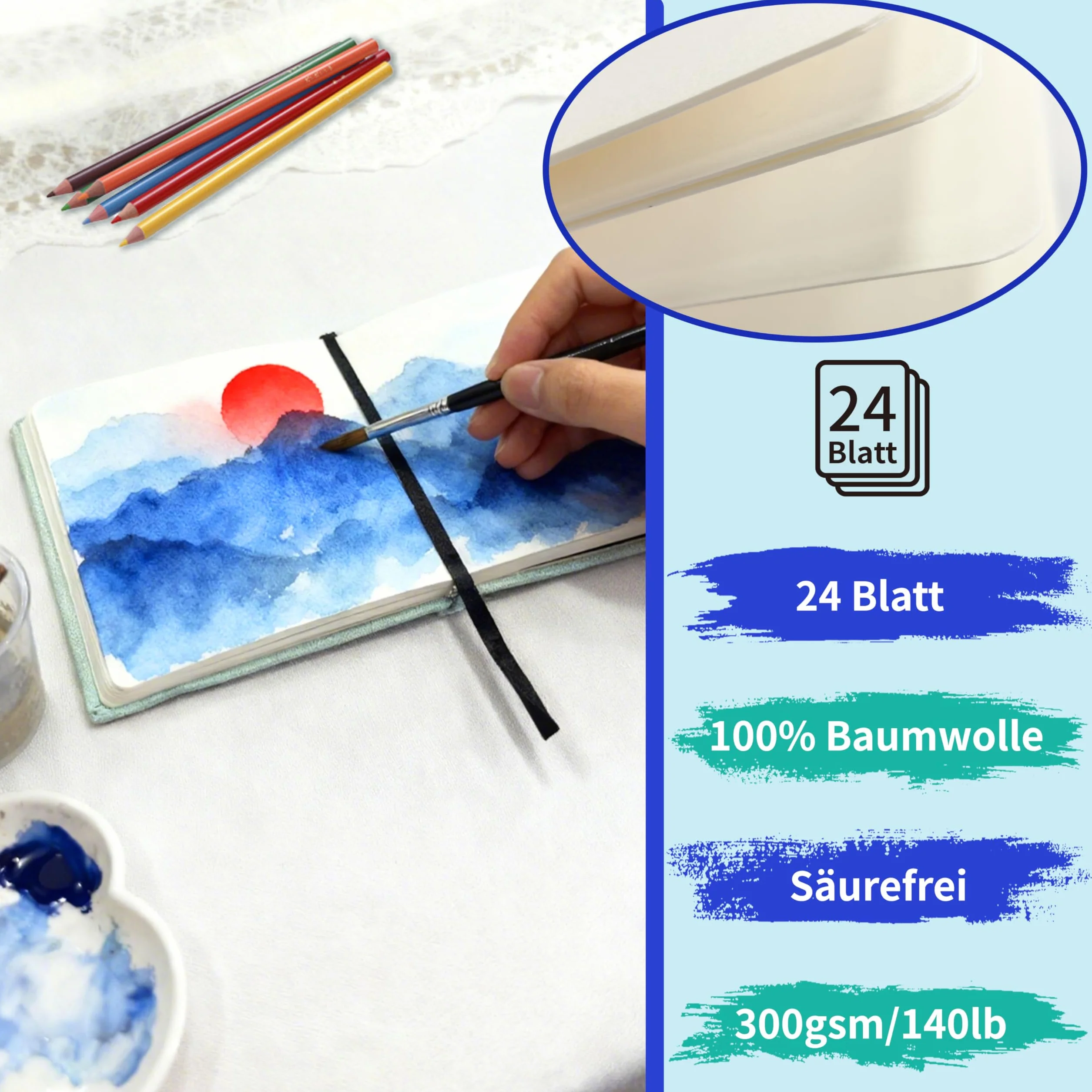 Mlife Dwustronny Szkicownik Akwarelowy Square, 100% Bawełna, 300 G/M², Bezkwasowy, Blok Akwarelowy Idealny Dla Miłośników Sztuki, Dorosłych I Studentów, 12,5 X 12,5 cm, Niebieskie Pióra