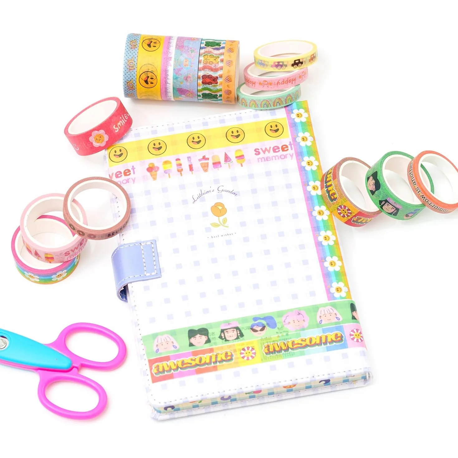 Śliczna taśma Washi z kreskówek, 16 rolek jasnych kolorów, folia do maskowania kawaii, taśma dekoracyjna, kolorowa taśma do samodzielnego wykonania, bullet dzienników, planerów, scrapbookingu,