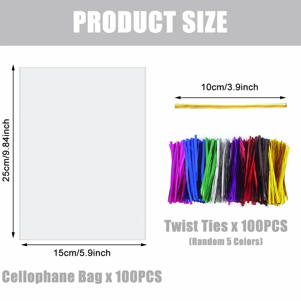 100 sztuk torby celofanowe - 15 x 25 cm przezroczyste torby na słodycze Plastikowe ze kolorowe krawaty twist na prezenty na cukierki Ciastka