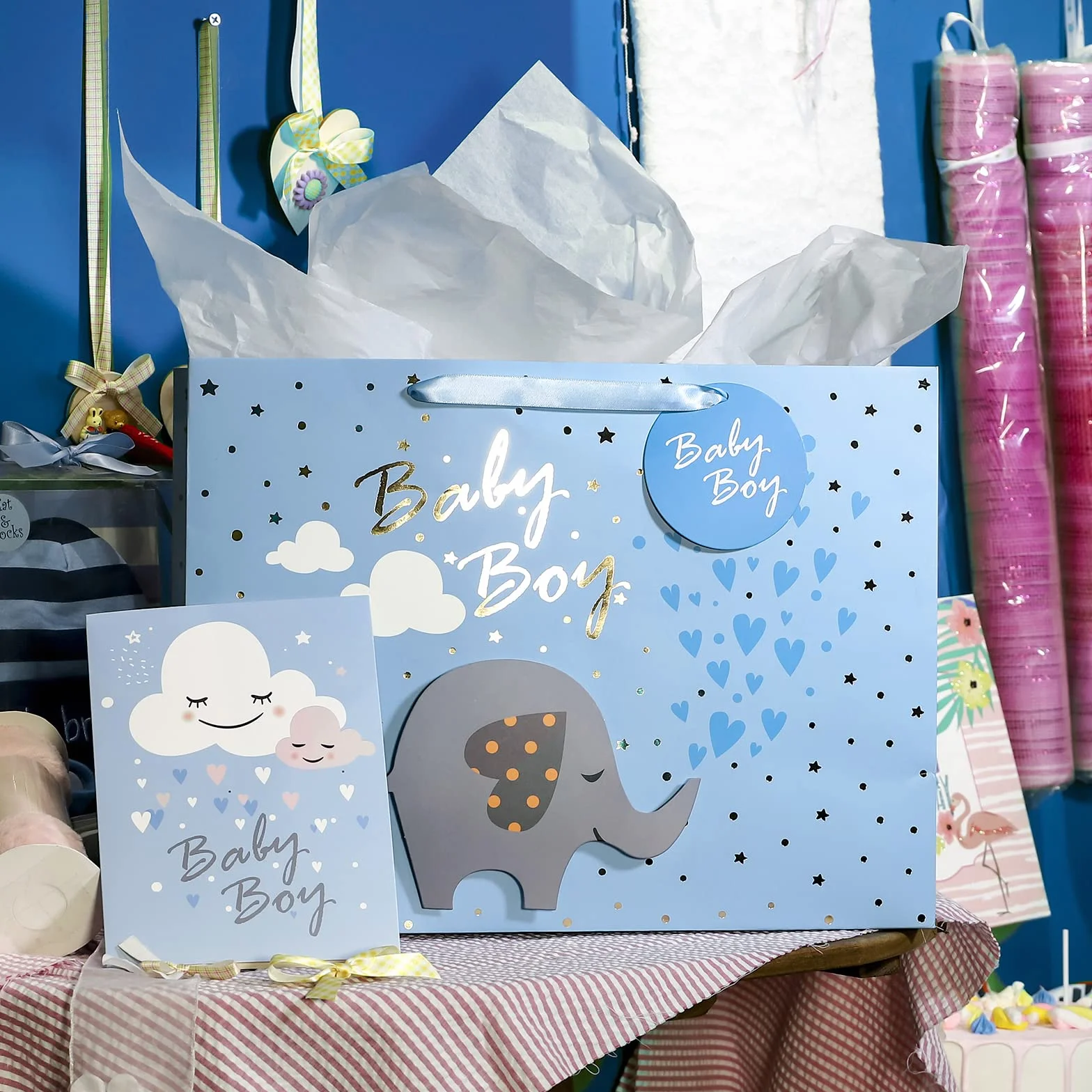 Loveinside Bardzo duża torba prezentowa z kartą podarunkową i białą bibułką - Baby Boy 3D Making Design - 40,7 × 15,3 × 30,5 cm