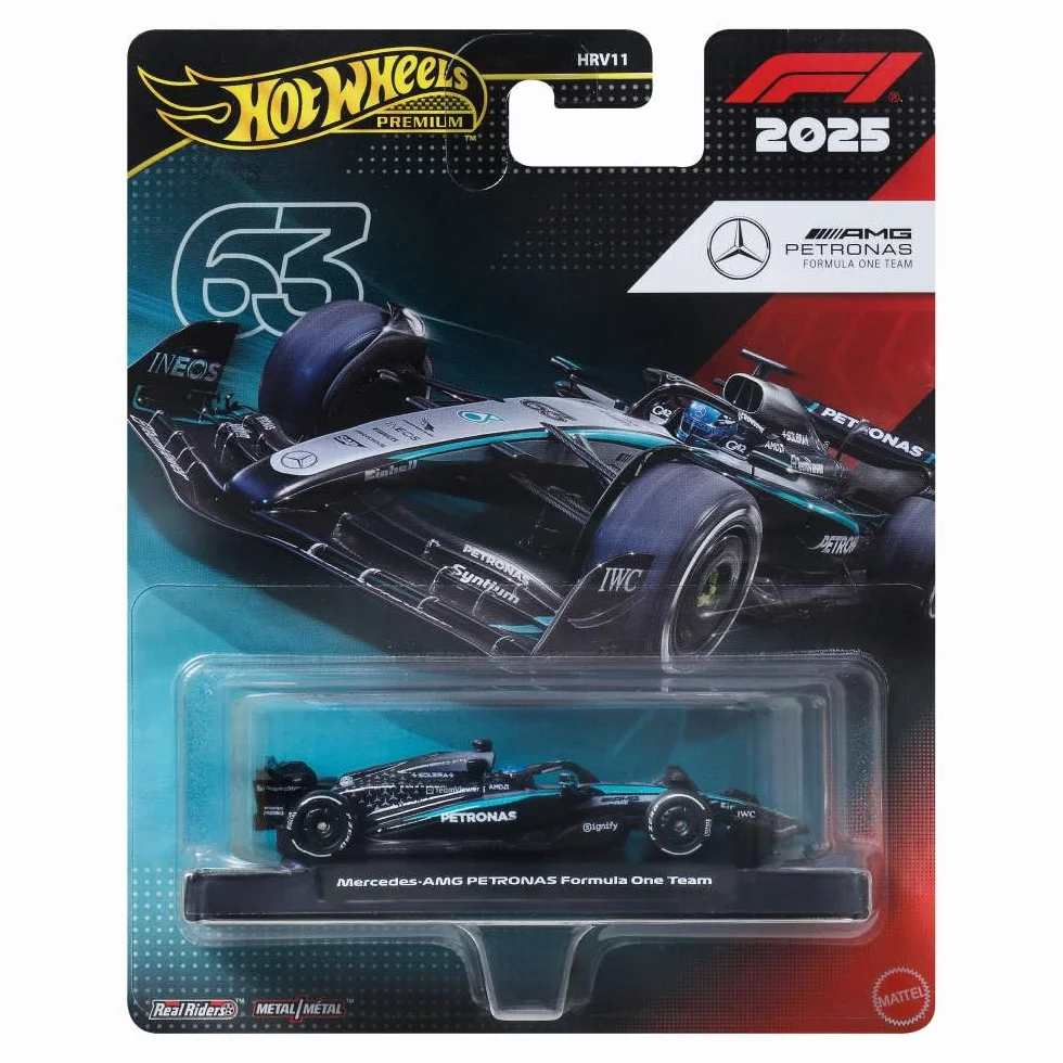 Hot Wheels Premium Formuła 1 Samochodzik Bolid F1 Mercedes-Benz – George Russel #63, samochód wyścigowy w skali 1:64, opony Real Riders i metalowa konstrukcja, auto dla dorosłych kolekcjonerów, JKD80