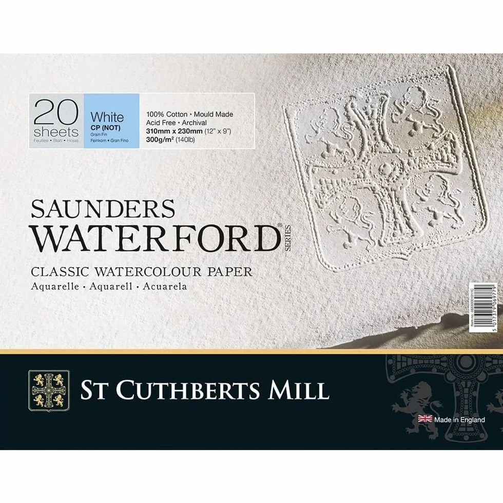 St Cuthberts Mill Saunders Waterford papier akwarelowy T46330051011C: 300 g/m², drobnoziarnisty, blok akwarelowy 31 x 23 cm, klejony na okrągło, 20 arkuszy, biały
