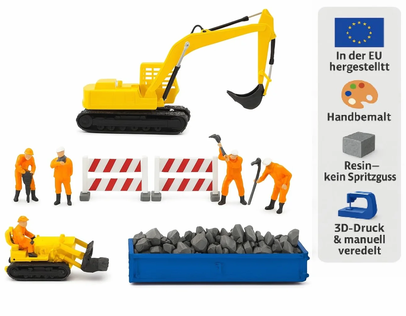 H0 Zestaw budowlany nr 1, 9-częściowy: koparka łańcuchowa, ładowarka gąsienicowa, kontenery gruzu, odgrodzenia i pracownicy budowlani, żywica druk 3D, ręcznie malowana, skala 1:87, produkcja