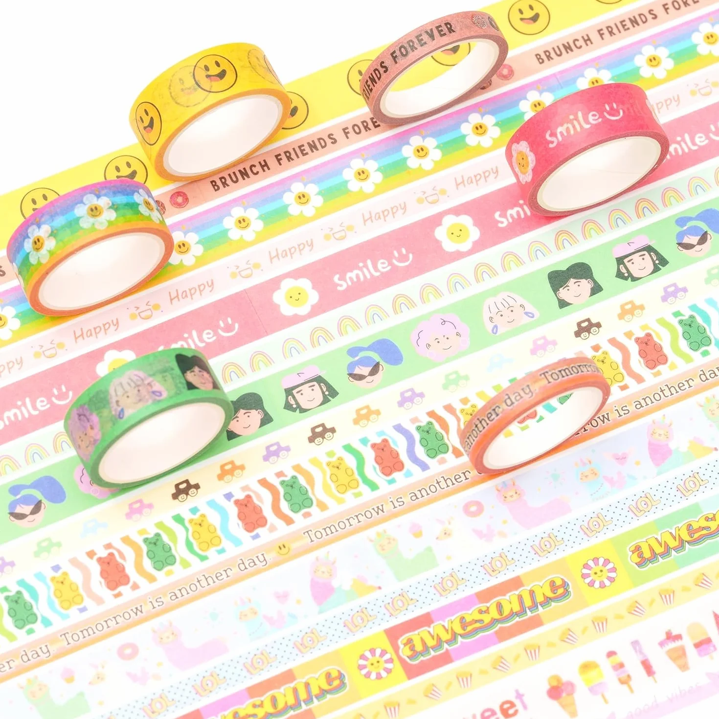Śliczna taśma Washi z kreskówek, 16 rolek jasnych kolorów, folia do maskowania kawaii, taśma dekoracyjna, kolorowa taśma do samodzielnego wykonania, bullet dzienników, planerów, scrapbookingu,