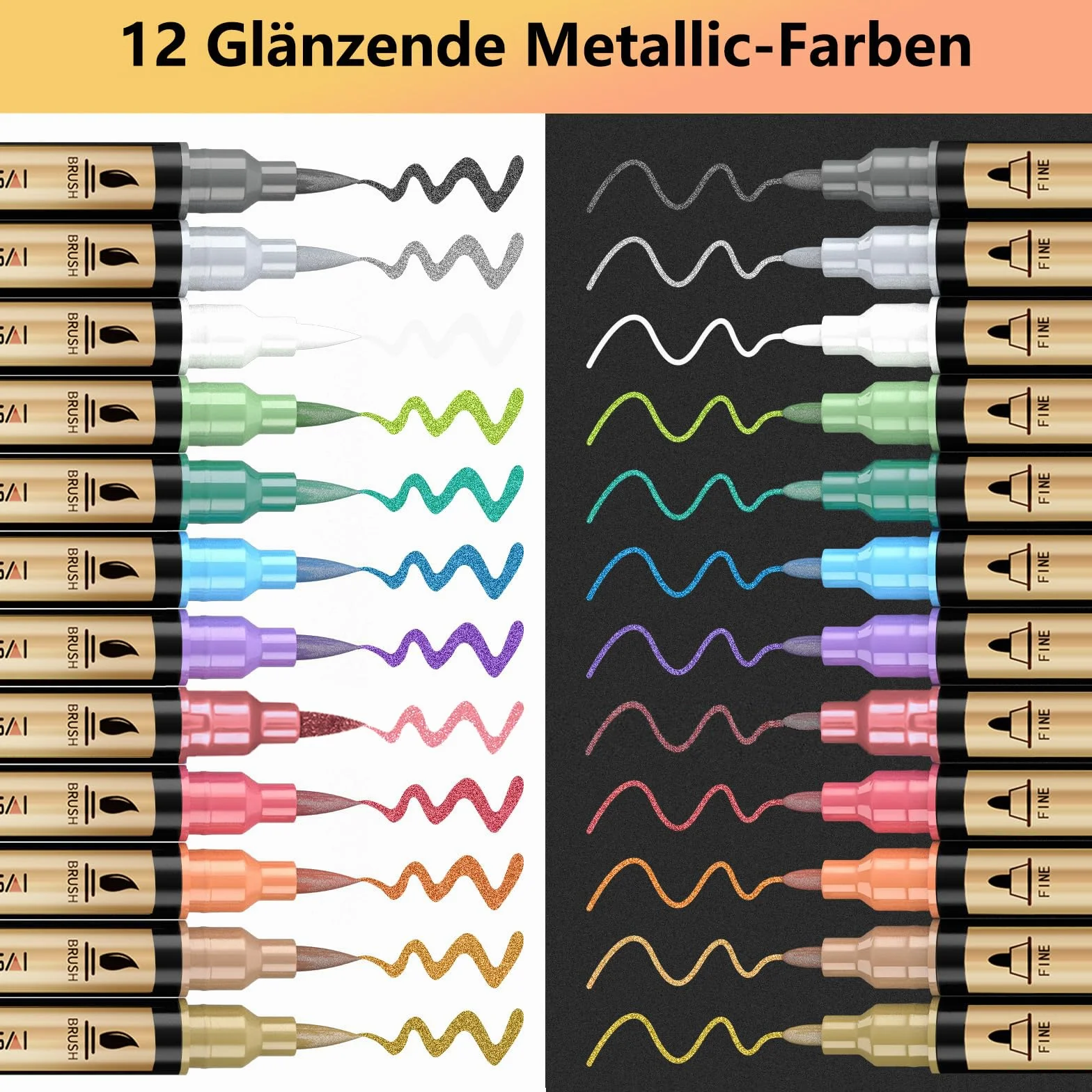 IVSUN Metaliczne markery, 12 metalicznych pisaków akrylowych, wodoodporne, zestaw do albumu fotograficznego, księgi gości, na wesele, akcesoria do scrapbookingu, czarny papier, drewno, szkło, kamienie