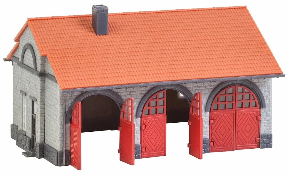 FALLER Domek strażacki, zestaw modelarski z 203 elementami 101 x 82 x 60 mm, akcesoria modelarskie N I model kolejki N warsztat strażacki, kremowy i brązowy