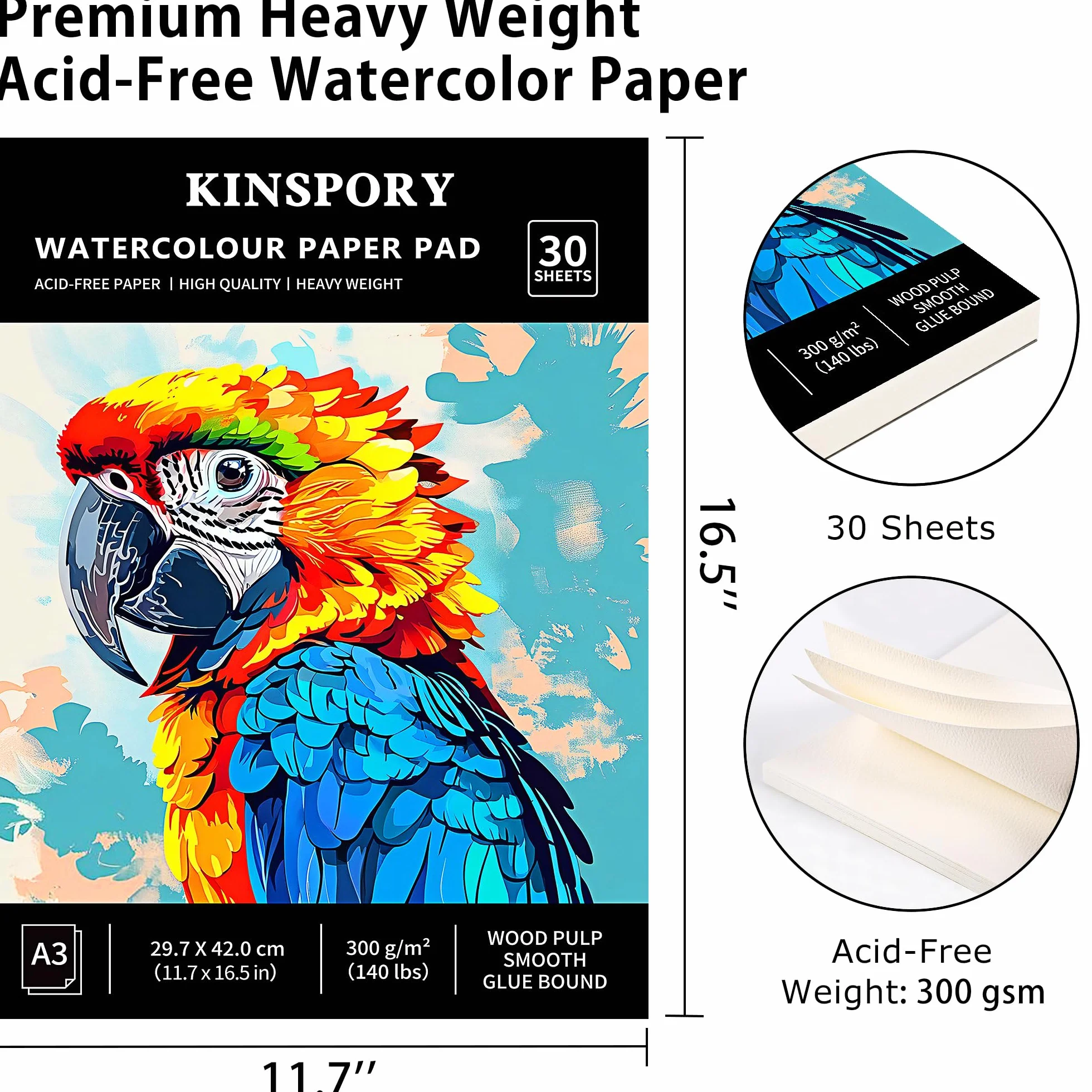 KINSPORY Papier akwarelowy A3, 30 kartek - 42 x 29,7 cm, 300 GSM, klejone, fakturowane na zimno, papieru akwarelowego do akwareli, szkicownik do malowania, szkicowania i mixed media