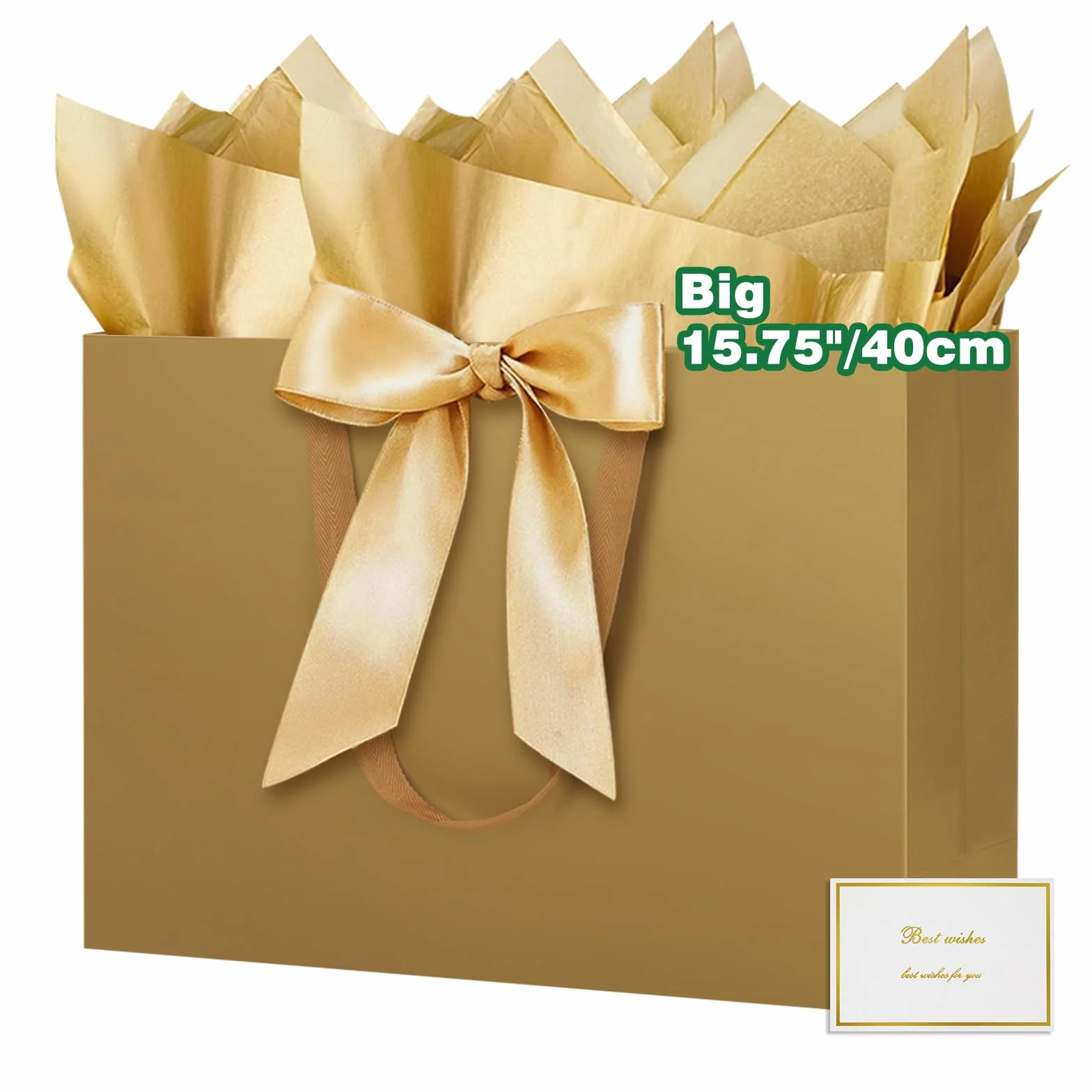 HONTIUS Bardzo duża torba prezentowa, 40 cm złote torby prezentowe na prezenty, duża papierowa torba z bibułką i kartkami, 40 x 30 x 12,5 cm, ślub, urodziny, przyjęcie, prezent dla druhny, torba na