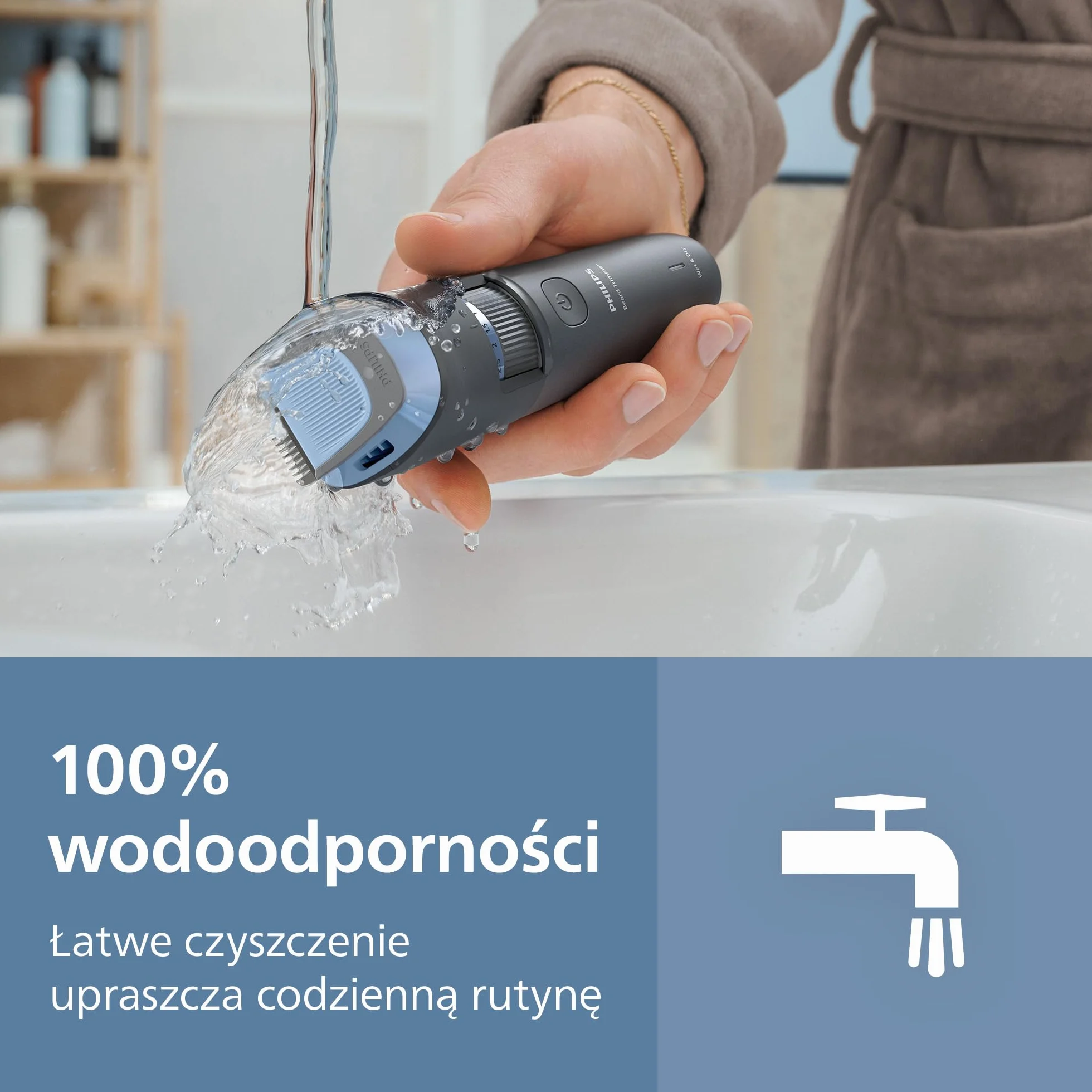 Trymer do brody Philips z serii 3000 – samoostrzące się ostrza z zaokrąglonymi końcówkami, 20 ustawień, nasadka Lift&Trim, 100% wodoodporności, wskaźnik naładowania baterii, miękkie etui, BT3619/15