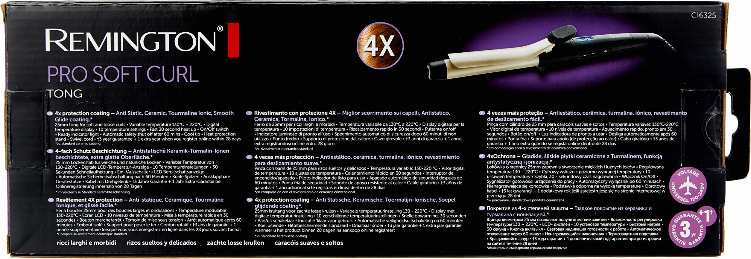 Remington lokówka z jonizacją (25mm) z klipsem, powłoka ceramiczna z turmalinem, 4x ochrona włosów, regulacja temp do 220°C, szybkie nagrzewanie, moc 45W, czarno-beżowa, Pro Soft Curl 6325