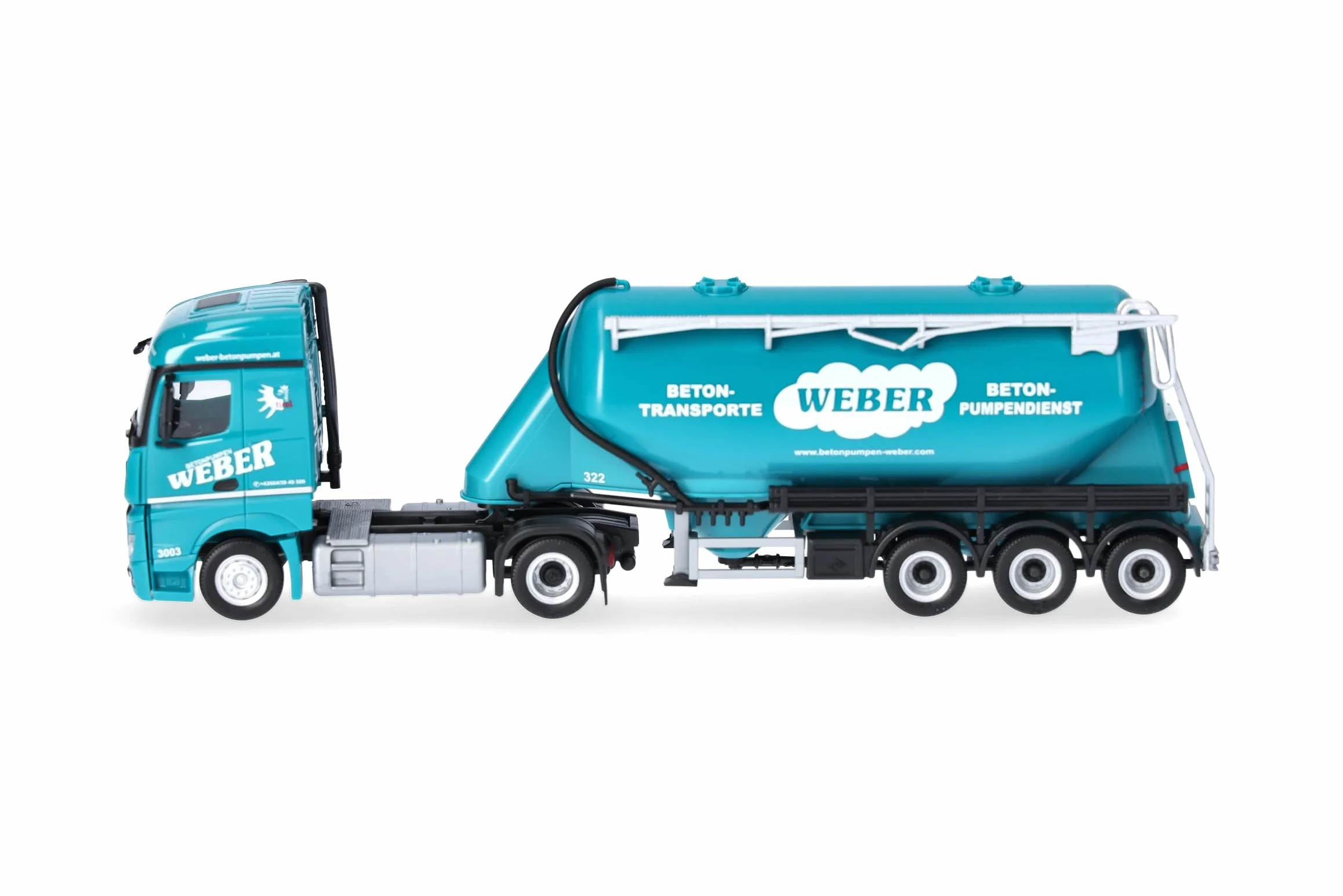 Herpa model ciężarówki Mercedes-Benz Actros 18 Streamspace zestaw z naczepą silosową „Weber Betonpumpen” (Austria), miniatura w skali 1:87, model kolekcjonerski, Made in Germany, tworzywo sztuczne