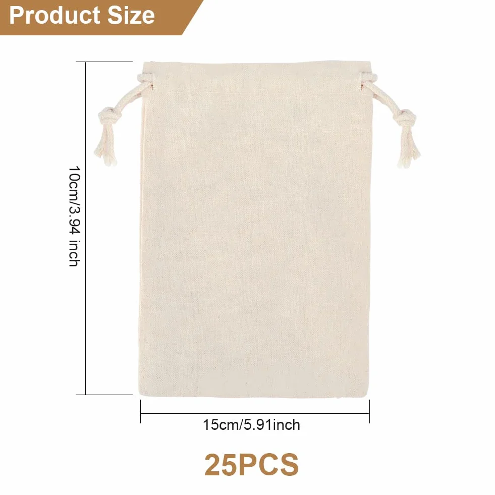 25 małych bawełnianych torebek ze sznurkiem, 10 x 15 cm, torba na cukierki, zestaw do malowania, mini torby na pieniądze, prezenty urodzinowe dla dzieci, na wakacje, ślub, imprezę, Boże Narodzenie, 25