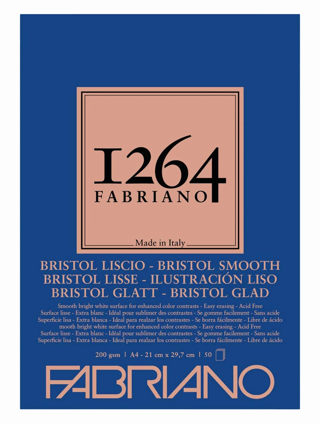 Honsell 19100654 - Fabriano Bristol-Block 1264, 4-krotnie klejony, 200 g/m², DIN A4, 50 arkuszy białego, bardzo gładkiego papieru, bezkwasowy, idealny do wszystkich technik suchych i lekkich technik