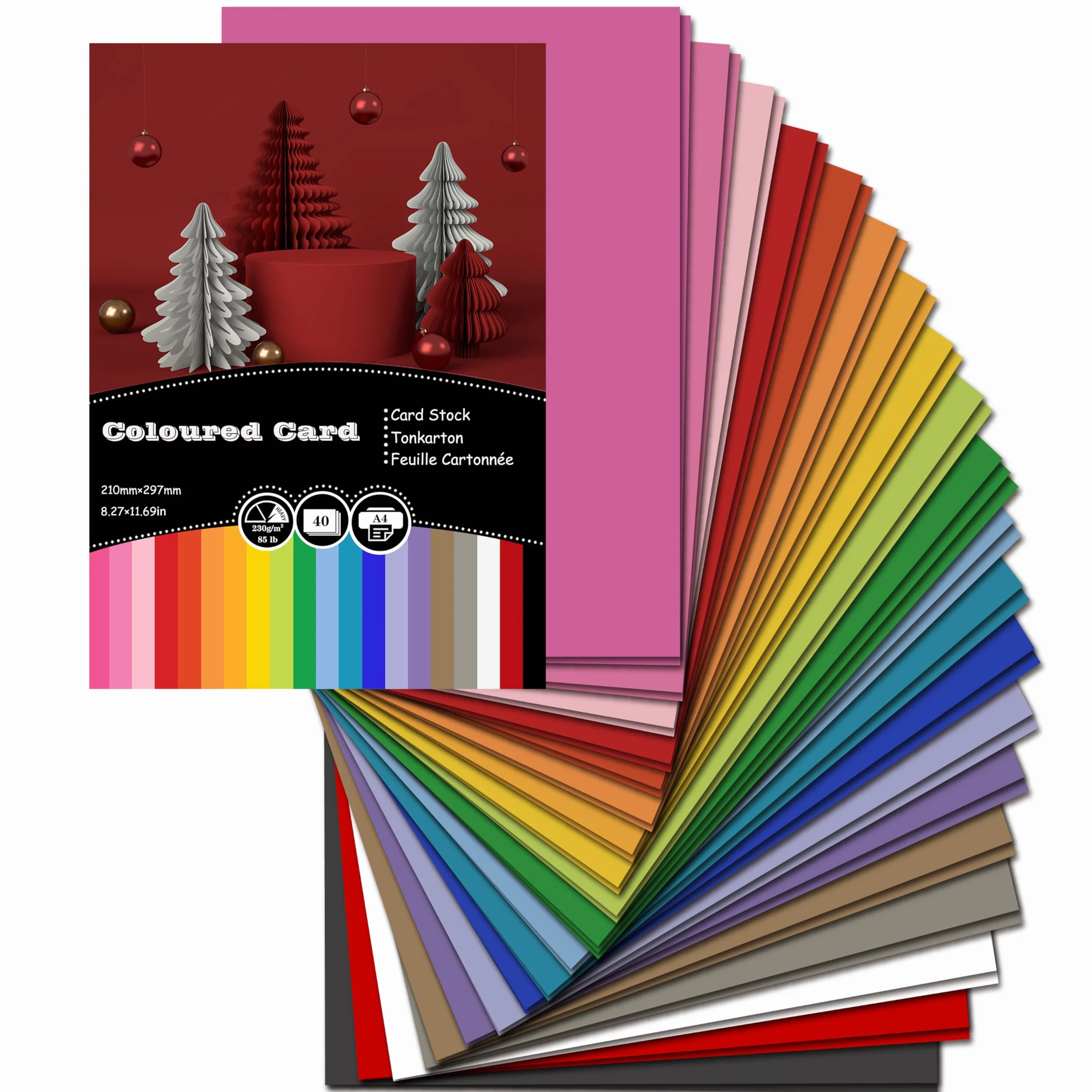 40 arkuszy kolorowego kartonu A4, 20 kolorów, 230 g/m², papier kolorowy, karton do majsterkowania, do malowania, produkcji kart, zaproszeń, scrapbookingu, majsterkowania