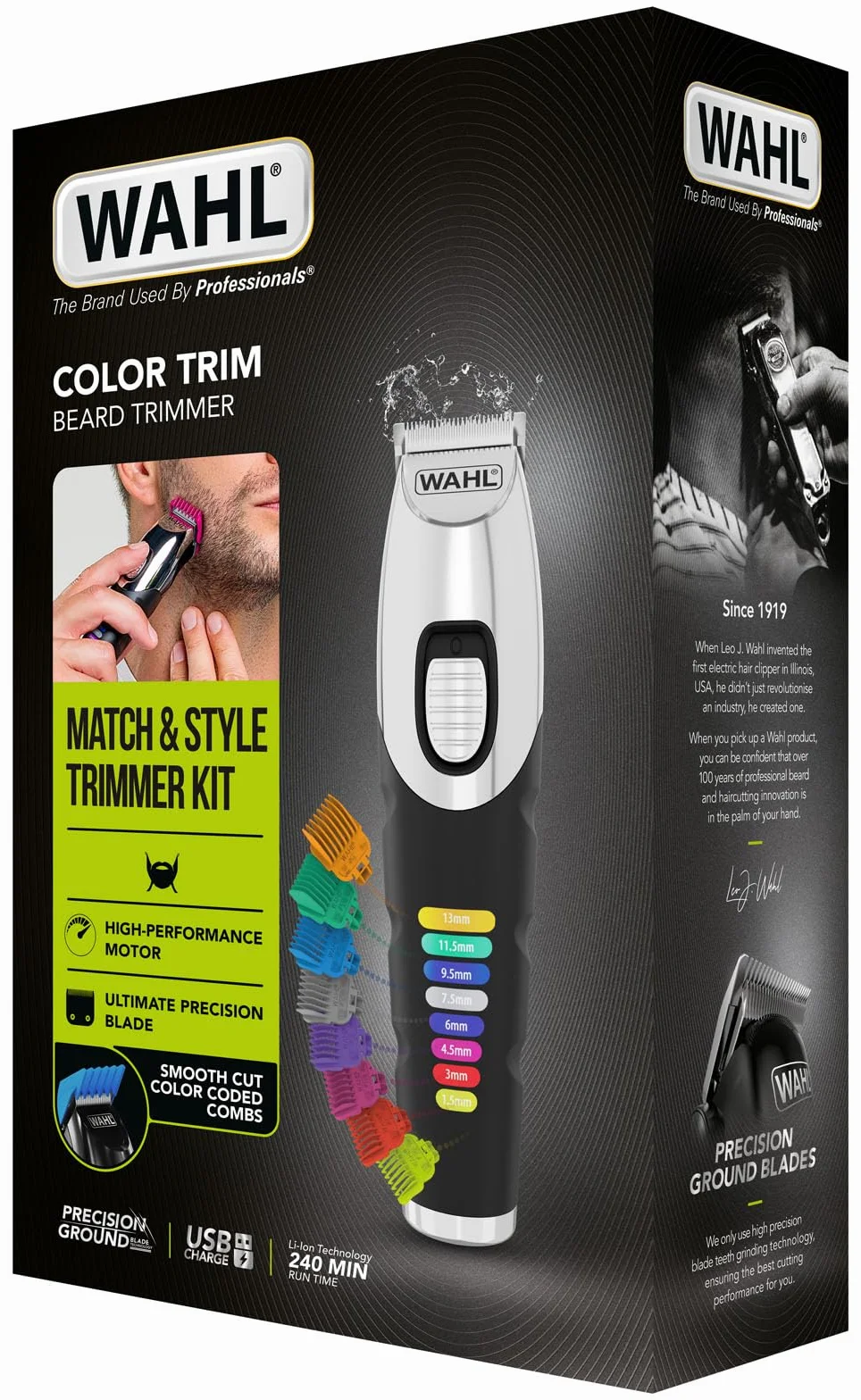 Wahl Color Trim Trymer Do Brody, Innowacyjne Grzebienie Prowadzące z Kodami Kolorów, Czas Pracy 240 Minut, Ładowarka Usb, Do Studia Fitness i Podróży, Precyzyjnie Szlifowane Ostrza