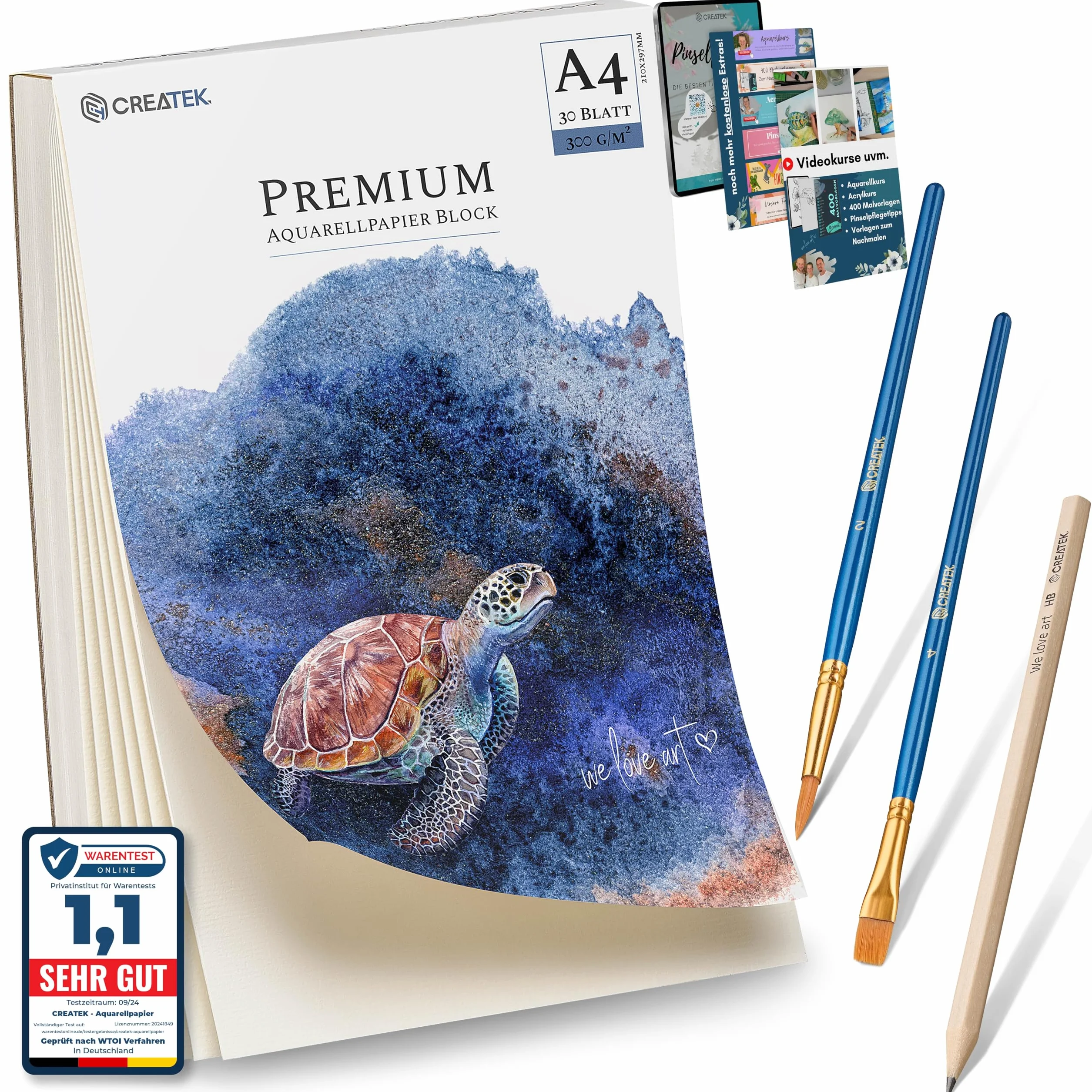 CreaTek Papier akwarelowy A4 300 g, w zestawie 2-godzinny kurs wideo, 30 arkuszy bloków akwarelowych + 2 pędzle + ołówek + 400 szablonów do malowania - farby akwarelowe