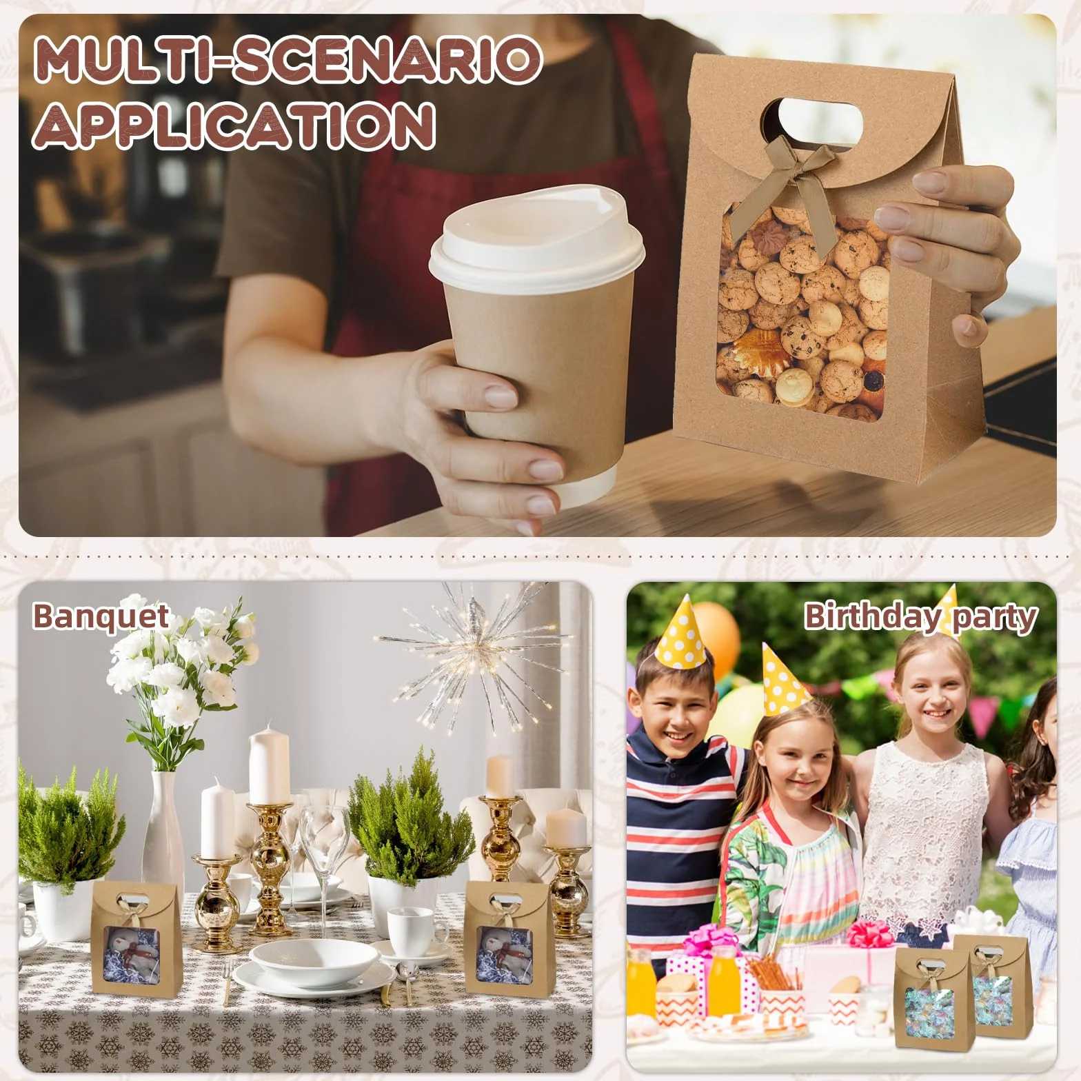 QingWing 20 sztuk papierowych toreb na prezenty z przezroczystym okienkiem i uchwytami, 12 x 6 x 16 cm papierowe torby na zakupy z naklejkami, na przekąski i słodkie wesela, Boże Narodzenie