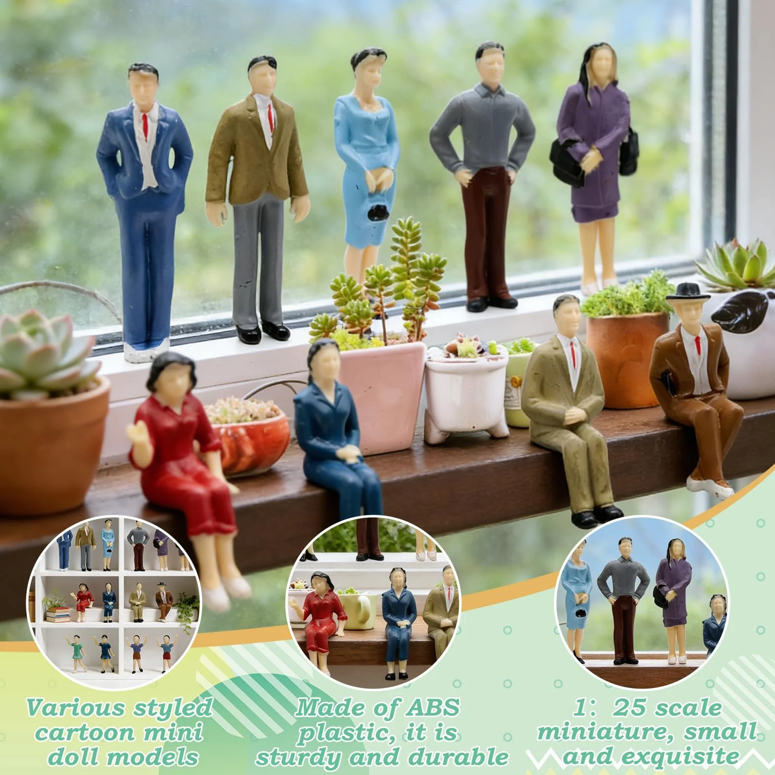 Miniaturki postaci ludzkich, 14 sztuk, skala 1:25, figurki do modeli kolejowych, miniaturowe figurki ludzi, postacie siedzące i stojące w różnych pozach,symulacja scenariusza