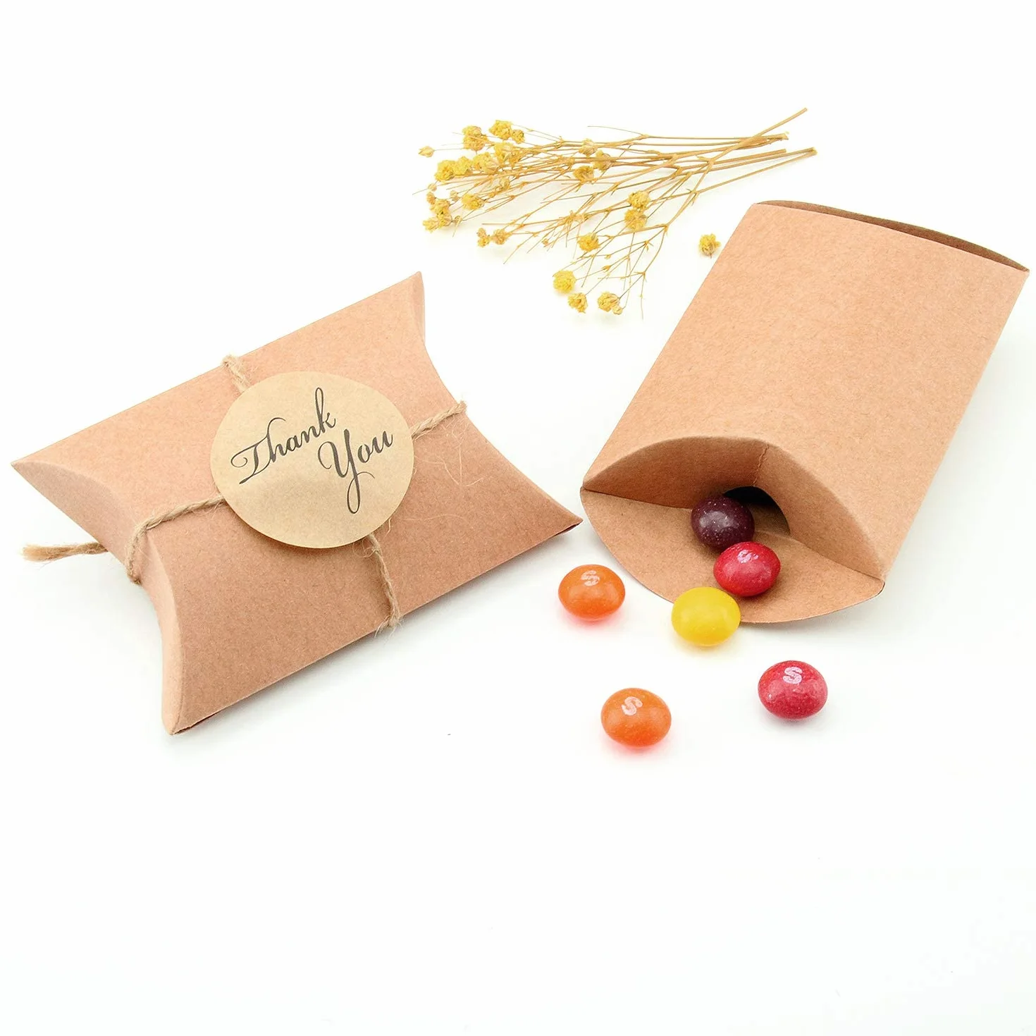 VEESUN 120 STK Klein Geschenkschachtel Kraftpapier Tüten Geschenkbox mit Danke Aufkleber, 6x9cm Braunes DIY Gastgeschenke Hochzeit, Pralinenschachtel Leer Schachtel Kinder Geburtstag Party, MEHRWEG