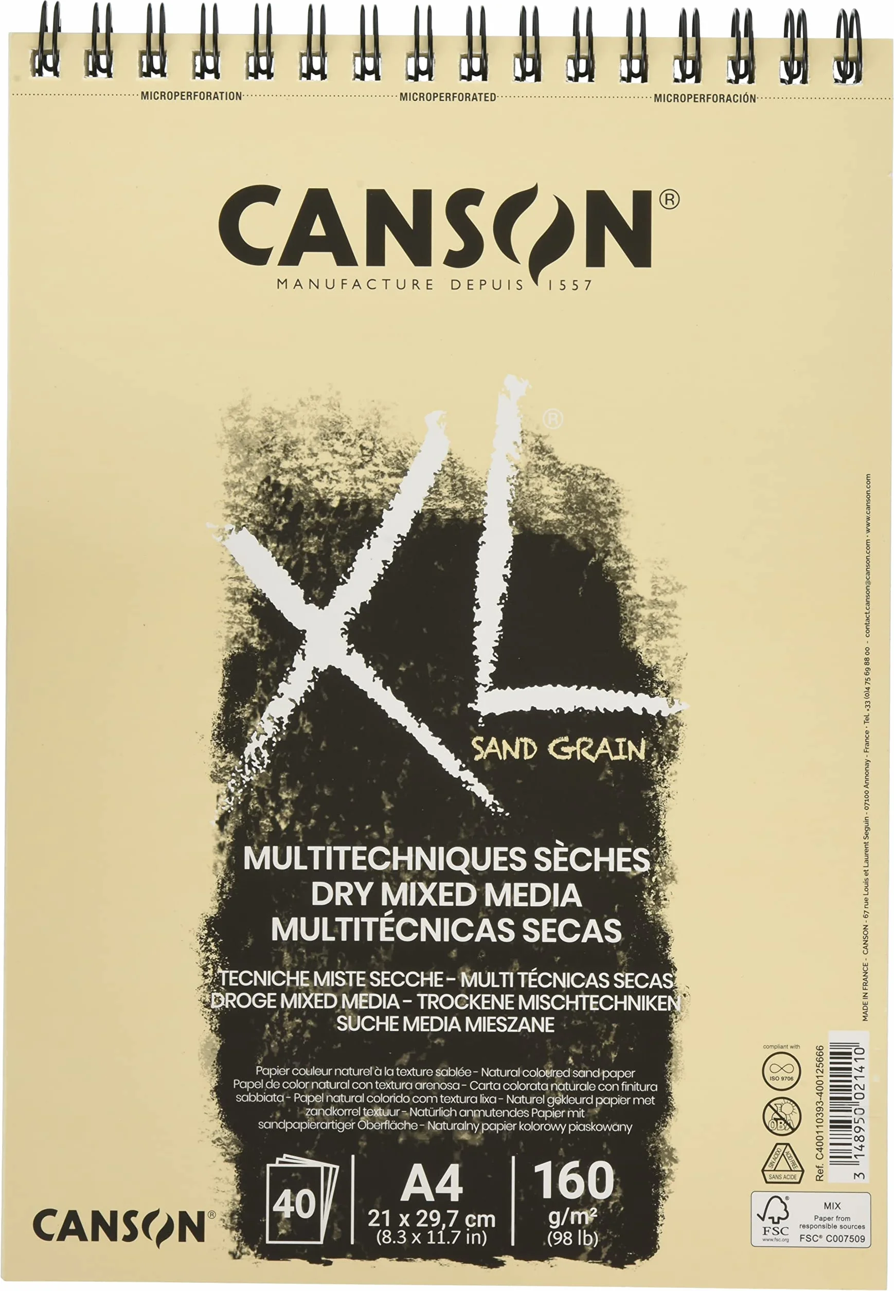 Canson XL Sand Grain blok do rysunku na spirali, A4, 40 arkuszy, 160 g/m², piaskowana powierzchnia, naturalny