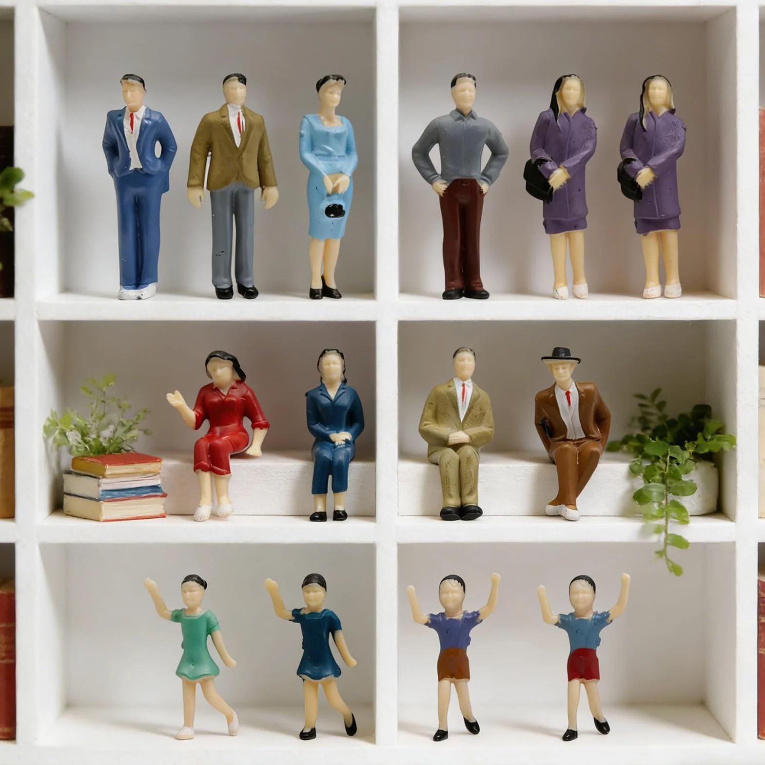 Miniaturki postaci ludzkich, 14 sztuk, skala 1:25, figurki do modeli kolejowych, miniaturowe figurki ludzi, postacie siedzące i stojące w różnych pozach,symulacja scenariusza