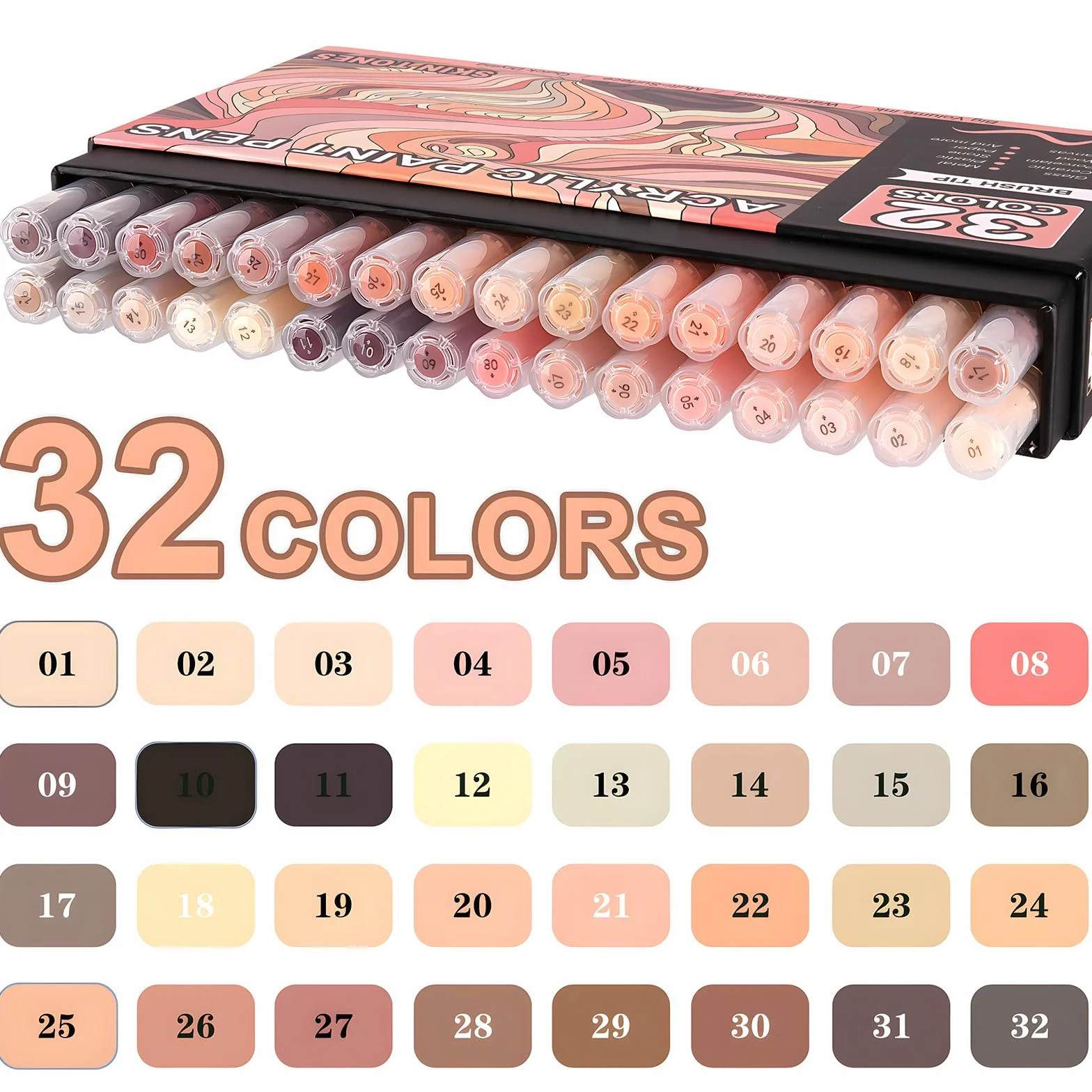 NICETY 32 Kolory Akrylowe Markerów Akrylowych - Pędzlem do malowania na Kamieniu, Drewnie, Szkle, Ceramice - 1-6mm Czubek Pędzla Na bazie wody dla Dorosłych (Skóry)