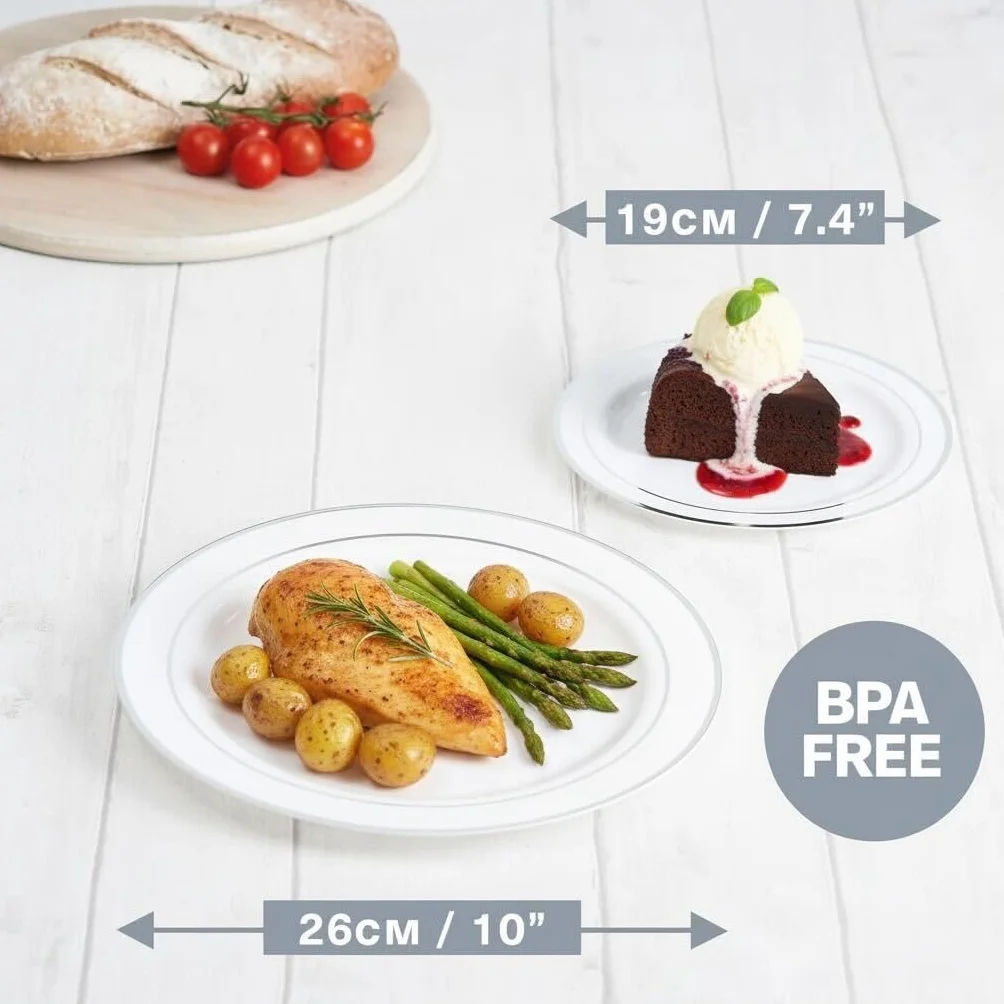MATANA 120 Białych Plastikowych Talerzy z Srebrnym Obramowaniem (2 Rozmiary: 60 x 26 cm, 60 x 19 cm) - Eleganckie, Solidne i Wielokrotnego Użytku - Śluby, Urodziny, Boże Narodzenie, Imprezy