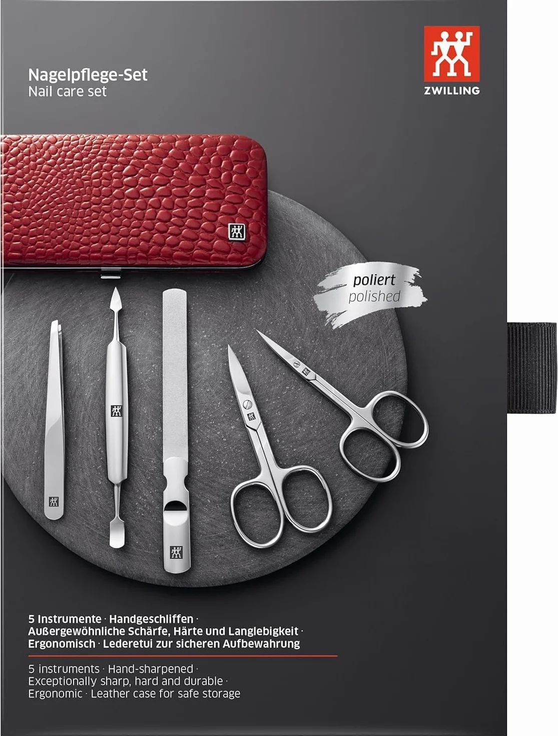 ZWILLING Zestaw do manicure (5 części, do pielęgnacji paznokci u rąk i nóg, etui z prawdziwej skóry z metalową ramką), polerowana stal nierdzewna, edycja krokodyla, czerwony