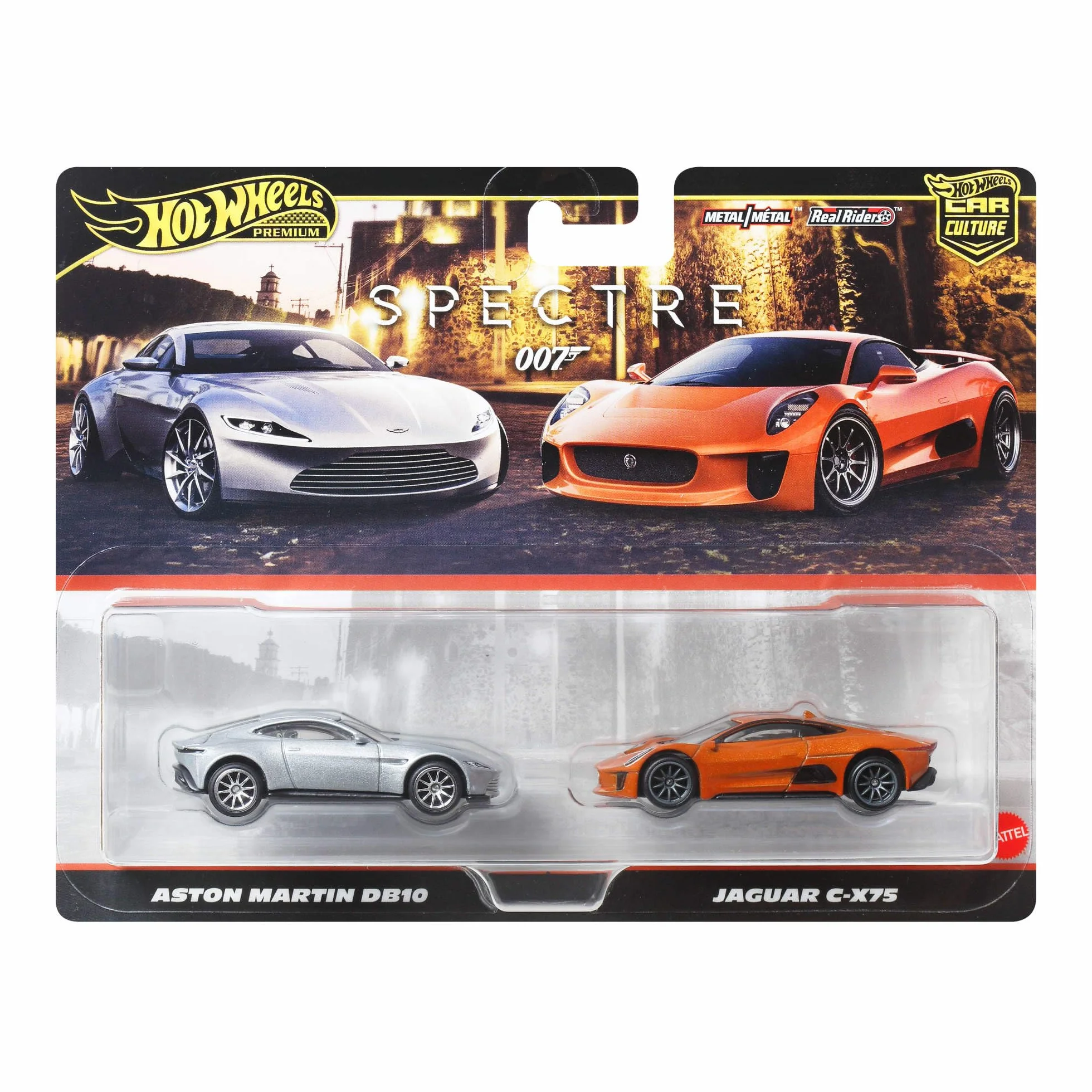 Hot Wheels Premium Kultowe auta Jaguar/Aston Martin 2-pak samochodów w skali 1:64, wyjątkowe połączenia, opony Real Riders, metalowa konstrukcja, zestaw auta dla kolekcjonerów, JBL04