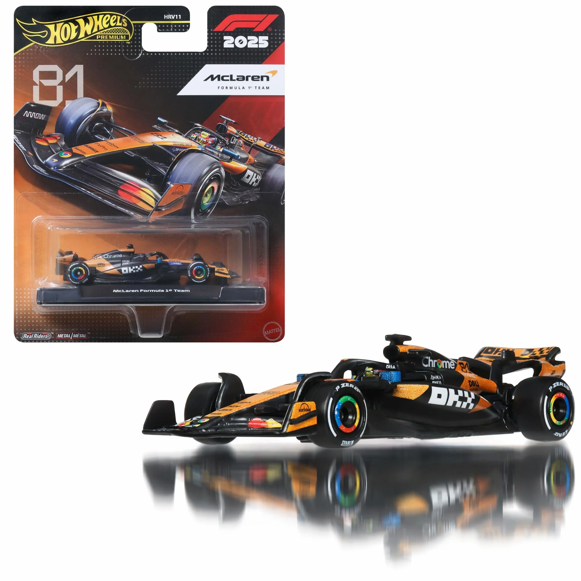 Hot Wheels Formula 1 McLaren Oscar Piastri #81, premium kolekcjonerski samochód wyścigowy die-cast w skali 1:64, opony Real Riders oraz metalowa karoseria i podwozie, JKD81
