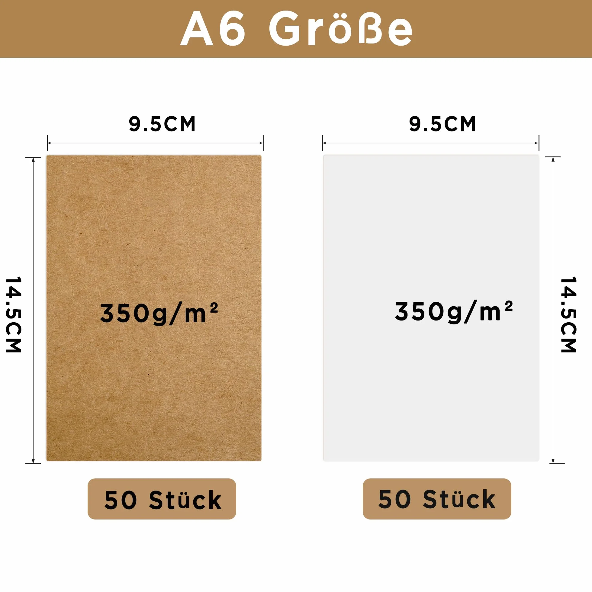 YSDMY 100 arkuszy papieru siarczanowego A6, 350 g/m², 14,5 x 9,5 cm, brązowy + biały