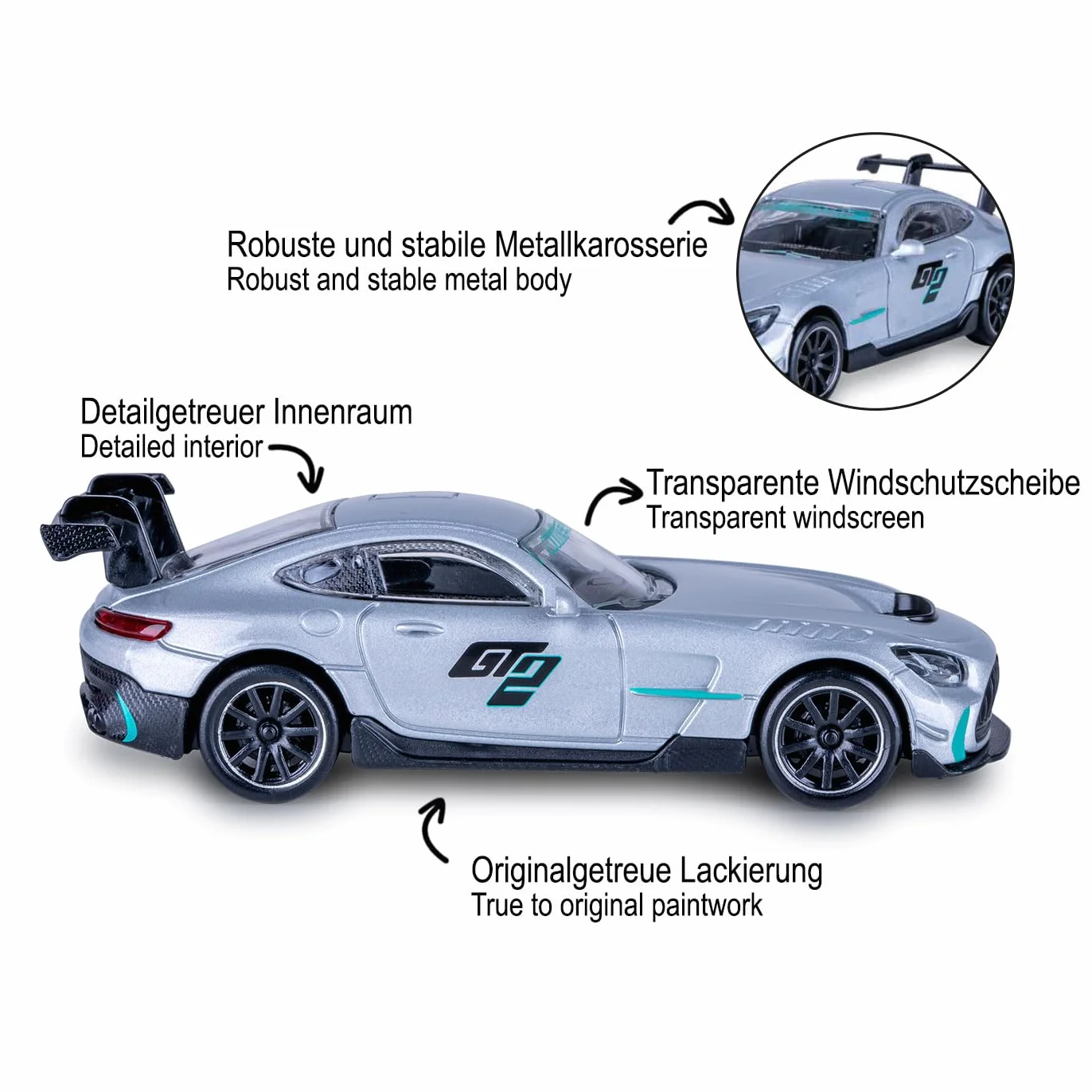 JAMARA 402233 Mercedes-AMG GT2 DieCast 1:43 - model samochodu, model miniaturowych pojazdów, pomysł na prezent dla chłopców i dziewcząt, wytrzymała i stabilna metalowa obudowa