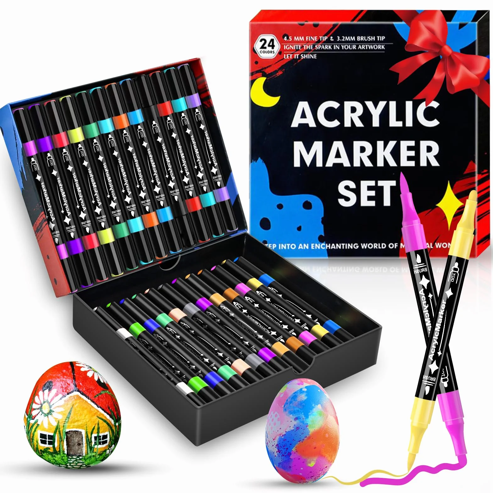 24 pisaki akrylowe do kamieni, wodoodporne, 0,5-5 mm, wodoodporne, Dual Tip, pisaki do malowania kamieni, pisaki akrylowe, różne powierzchnie, z podwójną końcówką (24 kolory, 24)