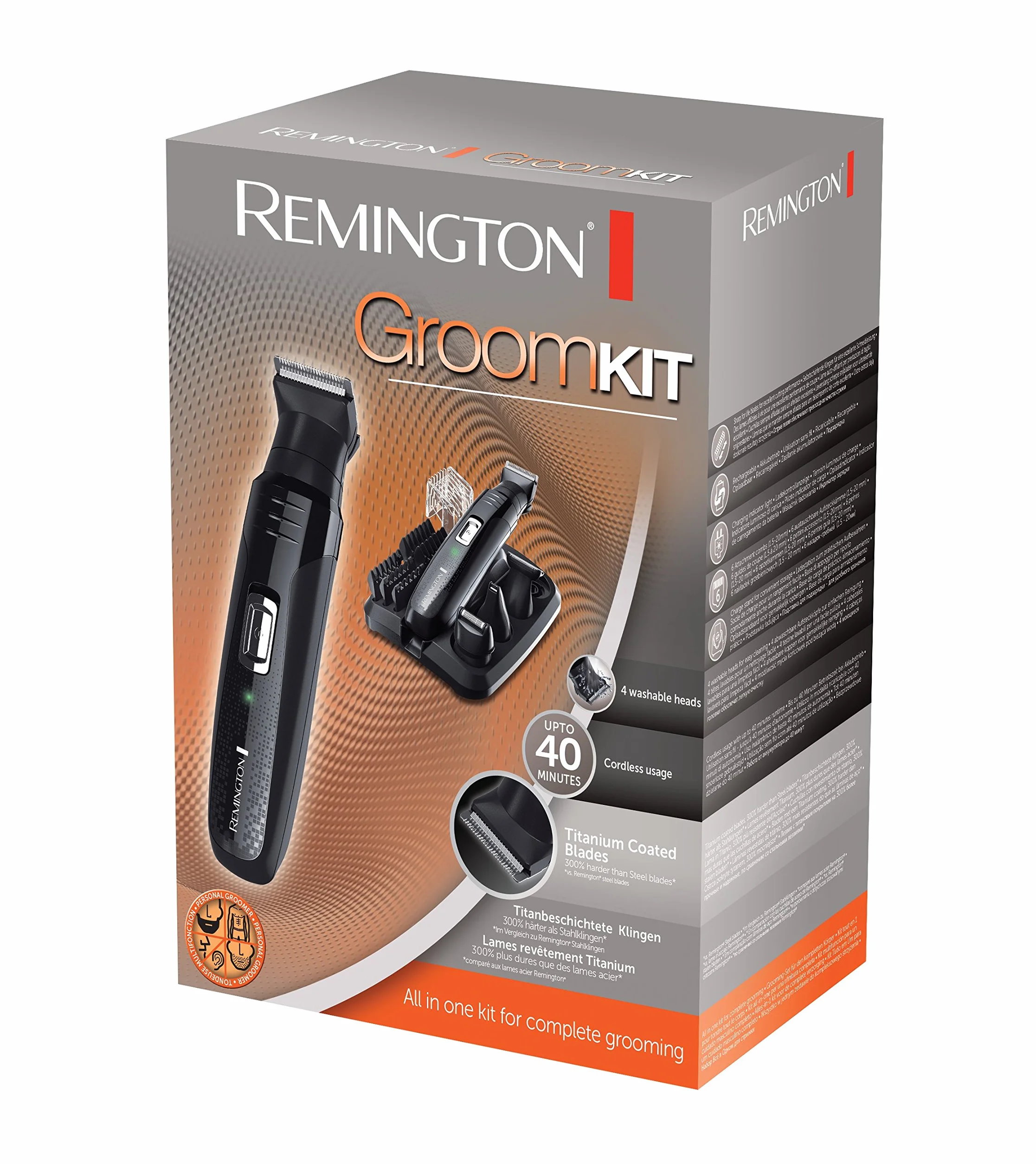 Remington trymer do brody i ciała, ostrza pokryte tytanem, 5 nakładek 1.5-12mm, regulowany grzebień 2-20m, nakładka foliowa, trymer do ciała, nosa i uszu, zmywalna głowica, czarny, GroomKit PG6130