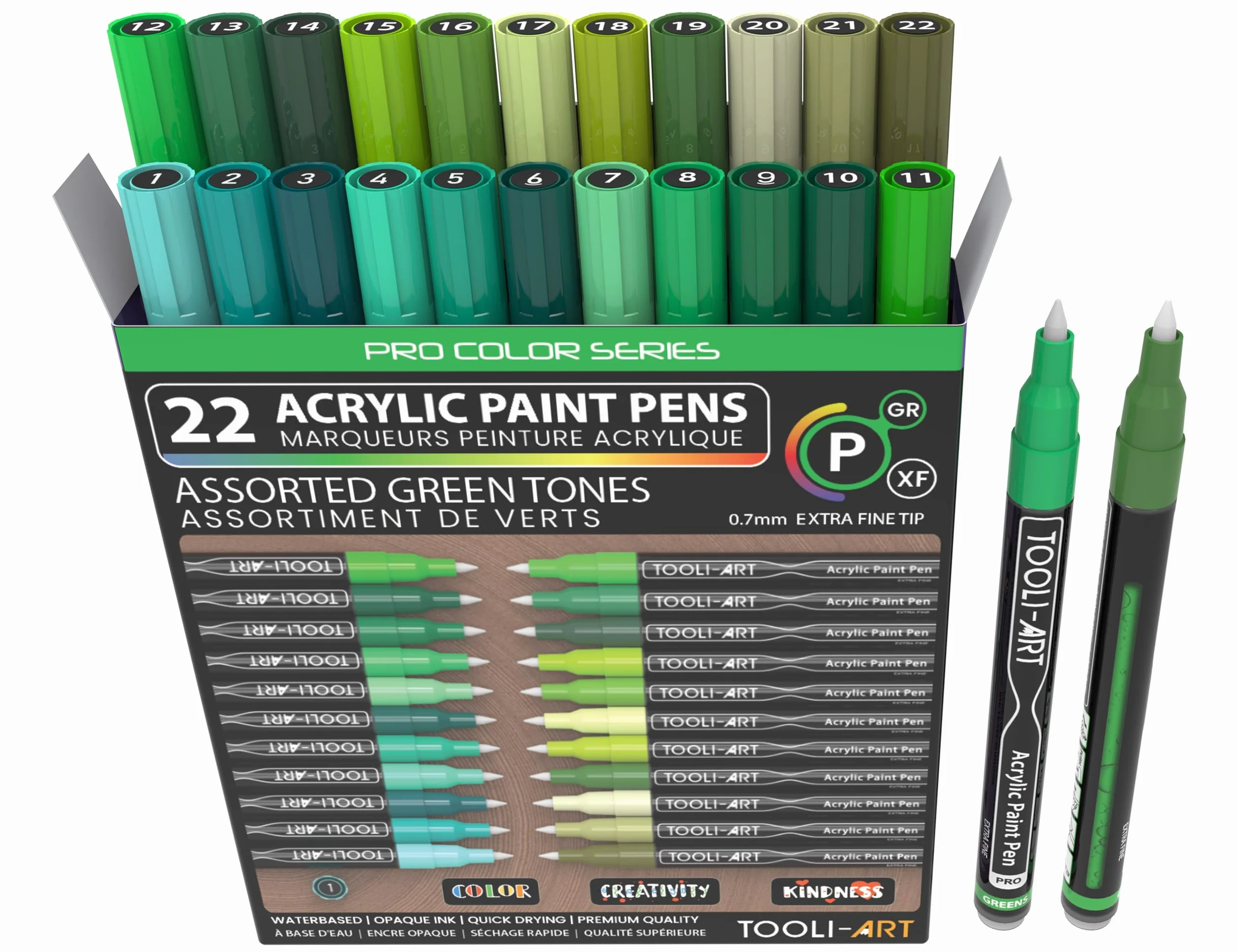 TOOLI-ART Zestaw markerów akrylowych, 22 różne zielone markery z serii Pro Color, 0,7 mm, bardzo cienka końcówka do malowania skalnego, szkła, kubków, drewna, metalu, płótna, DIY, nietoksyczne, na