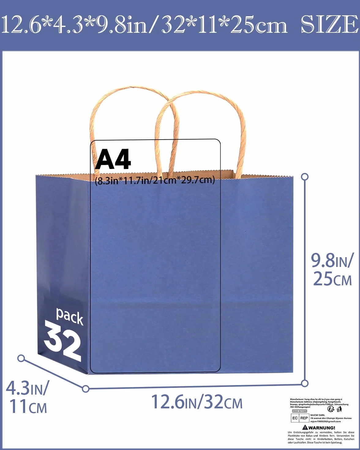 Gcardist 100 sztuk dużych torebek na prezenty z papieru z uchwytami – 32 cm × 11 cm × 25 cm, torebki na imprezę z papieru kraft – 16 jednolitych kolorów
