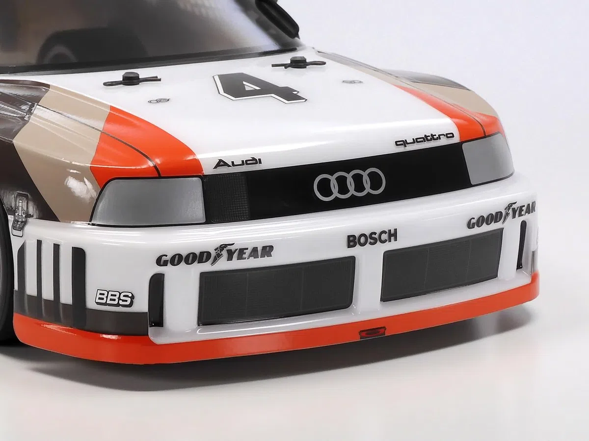 Tamiya 47511 1:10 RC Audi 90 Quattro Racing lakierowany TT-02 - zdalnie sterowany samochód, pojazd, modelarstwo, montaż, hobby, zestaw do montażu RC