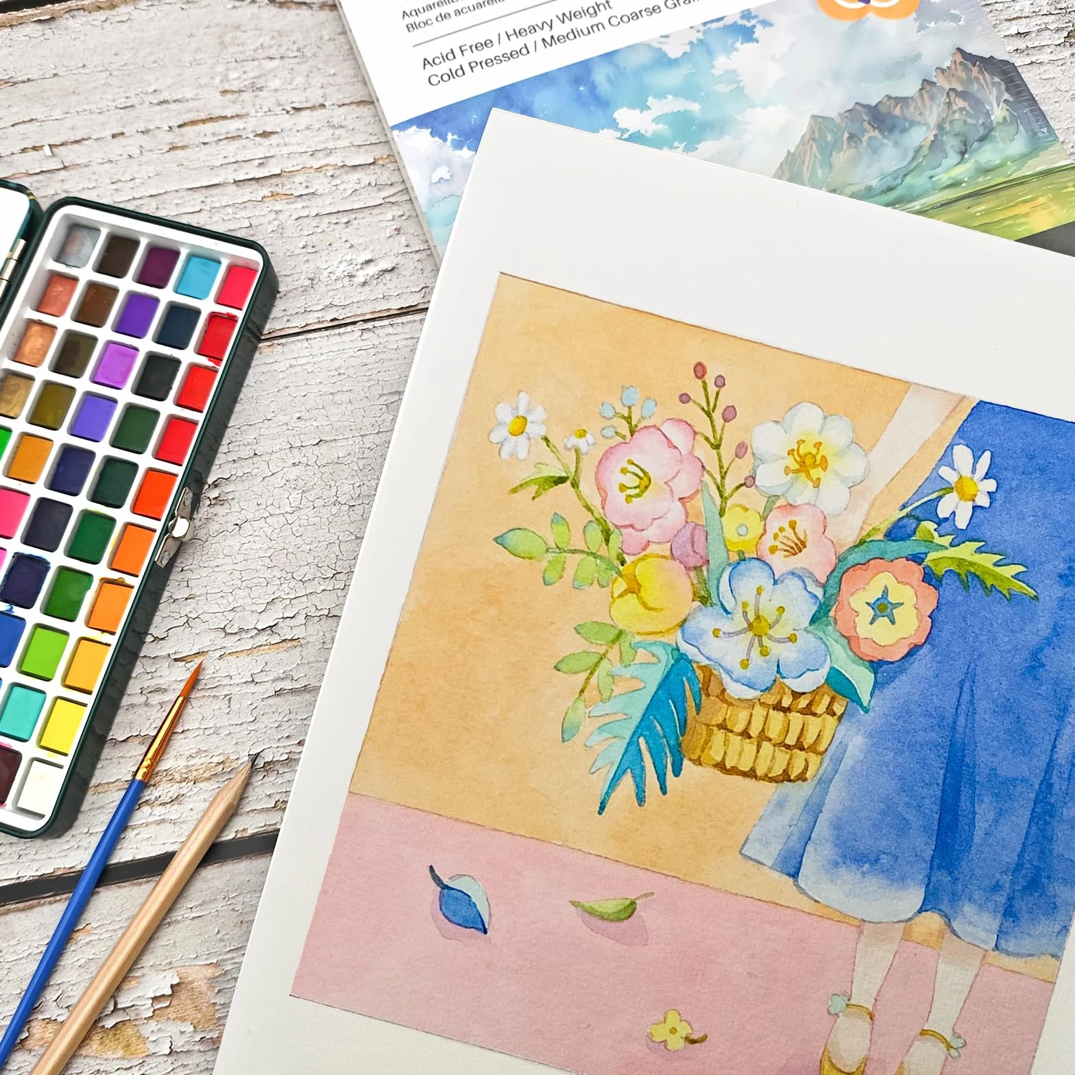 Artecho Blok papieru akwarelowego A4, 40 arkuszy z pędzlem akwarelowym i ołówkiem, papier akwarelowy 300g/m², blok papieru artystycznego, szkicownik akwarelowy do malowania, rysowania, szkicowania i