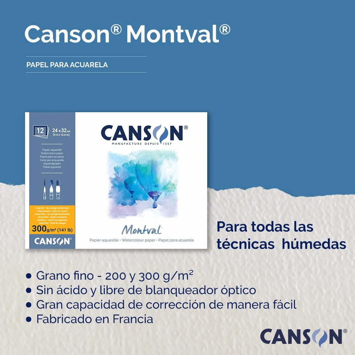 CANSON Montval papier akwarelowy, drobnoziarnisty, 300 gsm, 141 lb, arkusz, A4-21 x 29,7 cm, naturalny biały