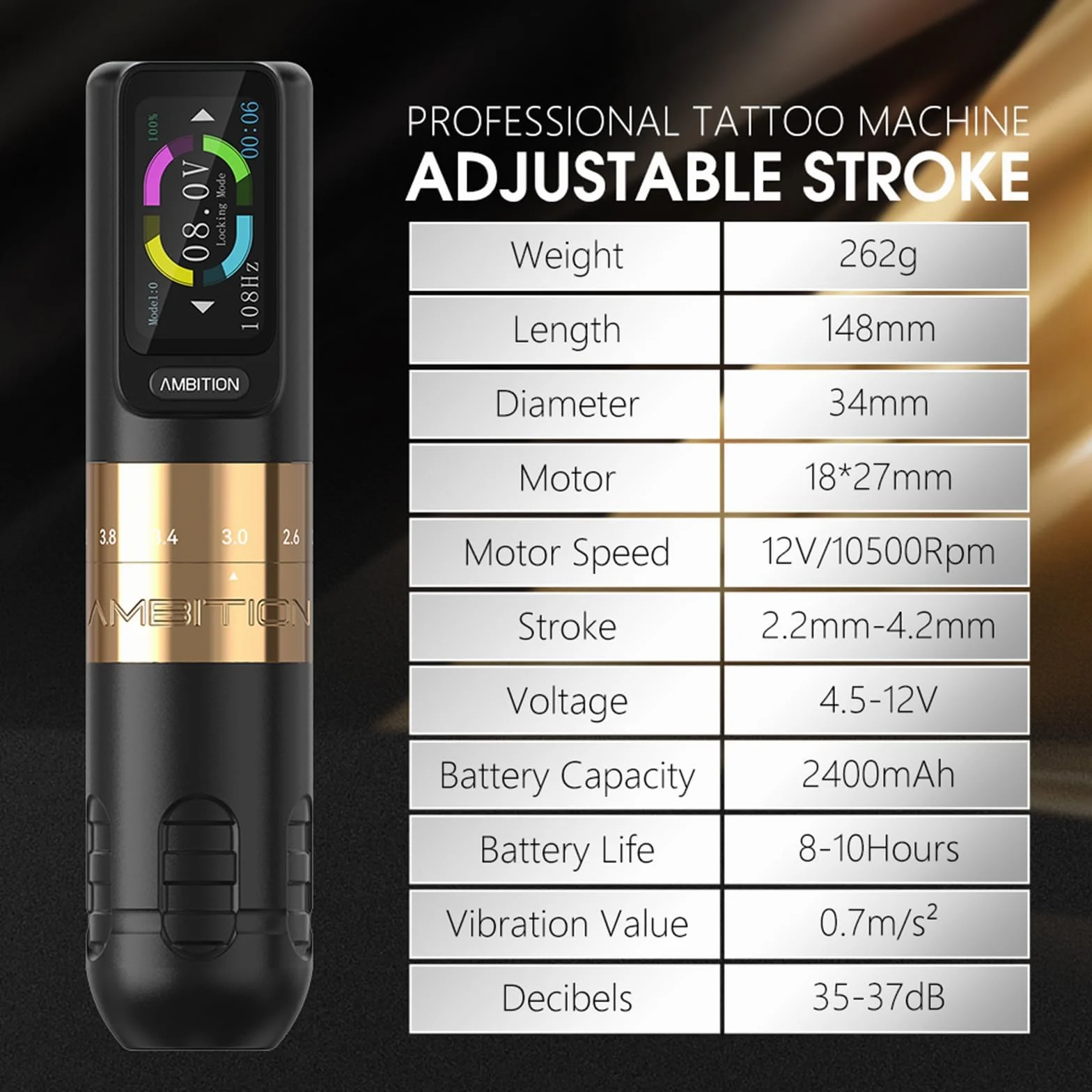 Ambition Seher Bezprzewodowa maszynka do tatuażu z 6 pociągnięciami Długość 2,2 mm–4,2 mm Obrotowy pistolet do tatuażu Pióro z wkładami dotykowymi 2400 mAh Cyfrowy wyświetlacz LED Silnik bezrdzeniowy