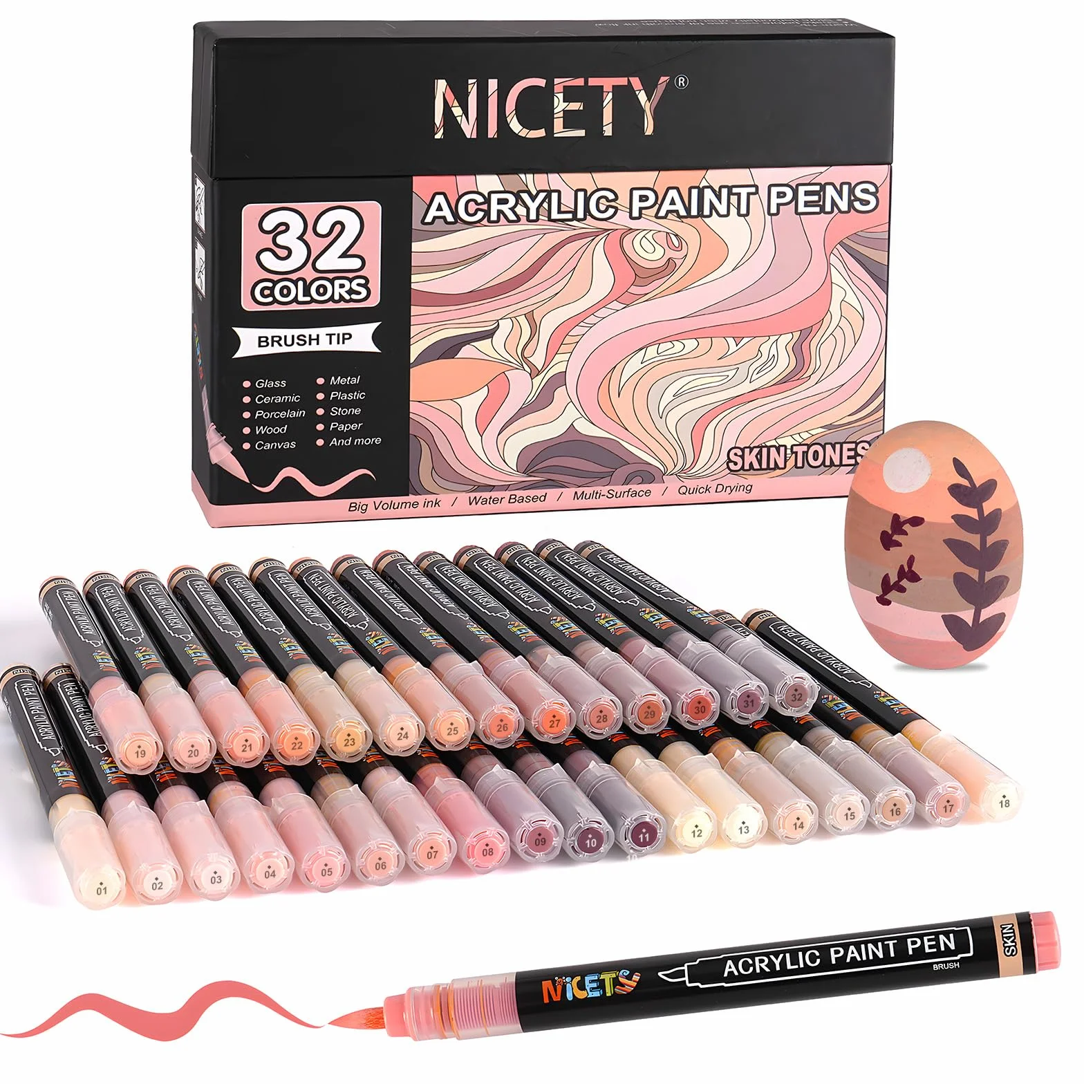 NICETY 32 Kolory Akrylowe Markerów Akrylowych - Pędzlem do malowania na Kamieniu, Drewnie, Szkle, Ceramice - 1-6mm Czubek Pędzla Na bazie wody dla Dorosłych (Skóry)