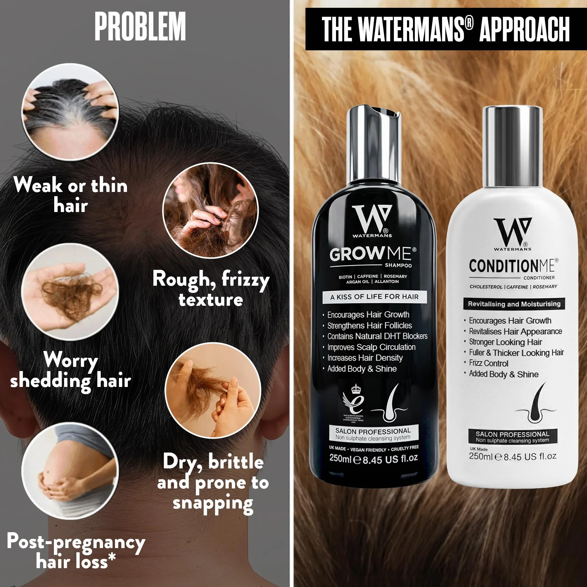 Zestaw szamponu i odżywki na porost włosów Watermans Hair Growth. Szybki wzrost włosów, doskonały na problemy z włosami. Grubsze, mocniejsze, wyglądające włosy. Problemy z włosami u kobiet i mężczyzn.