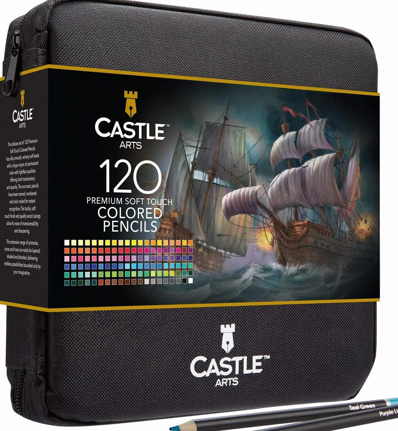 Castle Art Supplies Zestaw 120 kredek z zamkiem błyskawicznym | Wysokiej jakości miękkie kredki dla dorosłych, profesjonalistów i kolorystów | W woreczku na zamek błyskawiczny