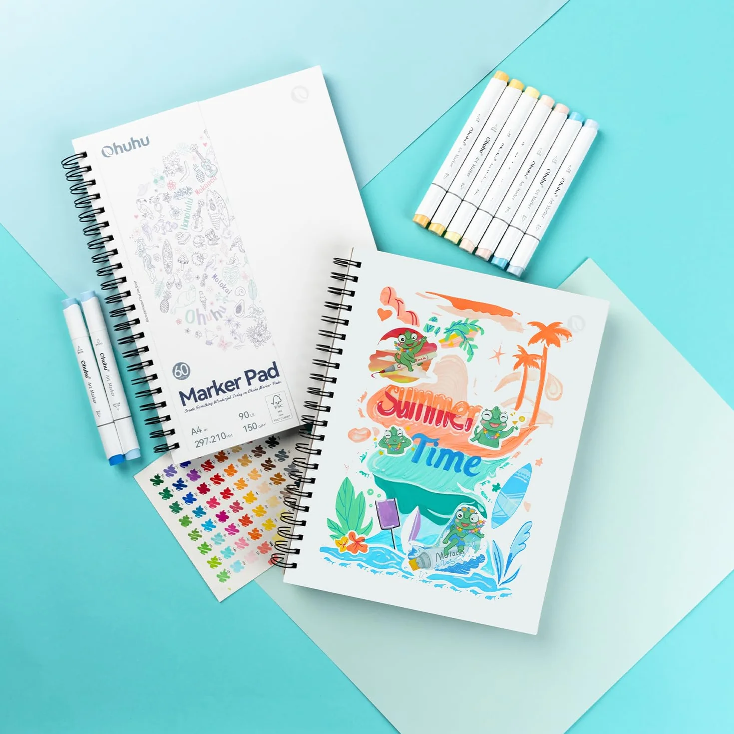 Ohuhu Sketchbook A4, 150GSM Blok do Markerów bez Przeciekania dla Artystów, 60 Kartek/120 Stron Spirala, Papier do Rysowania Dwustronny, Nie Przecieka dla Markerów Alkoholowych
